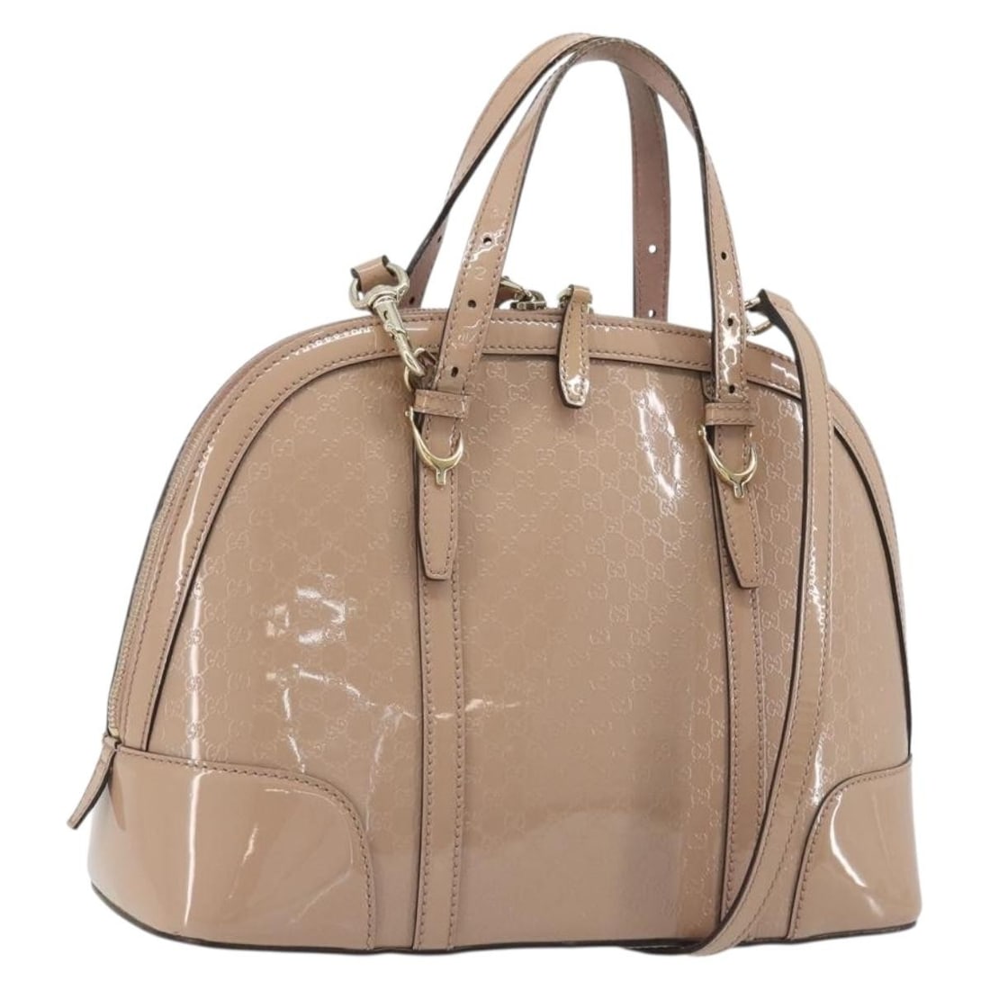 Gucci Guccissima 2way Hand Bag Pink Beige Patent Leather Canvas: Gucci Guccissima 2way Hand Bag Pink Beige Patent Leather Canvas GUCCI 2-way handbag crafted from patent leather and Micro Small GG canvas in a pink, beige, and gold colorway. It comes with a shoulder 