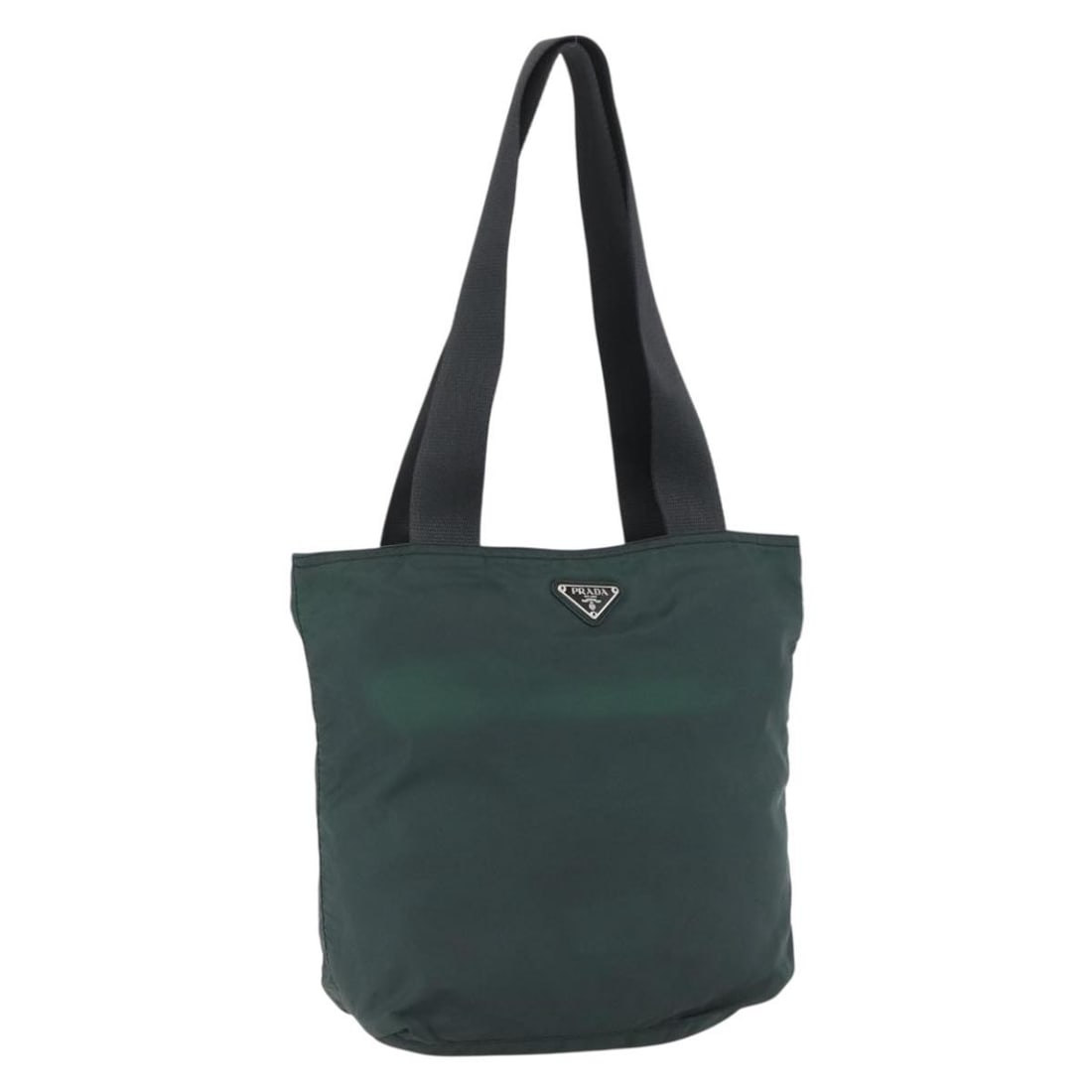 PRADA Green Nylon Tote Bag Italy Silver Tone Accents: PRADA Green Nylon Tote Bag Italy Silver Tone Accents This PRADA tote bag is crafted from green nylon with silver-tone accents, offering a stylish and practical accessory for everyday use. Made in Ital
