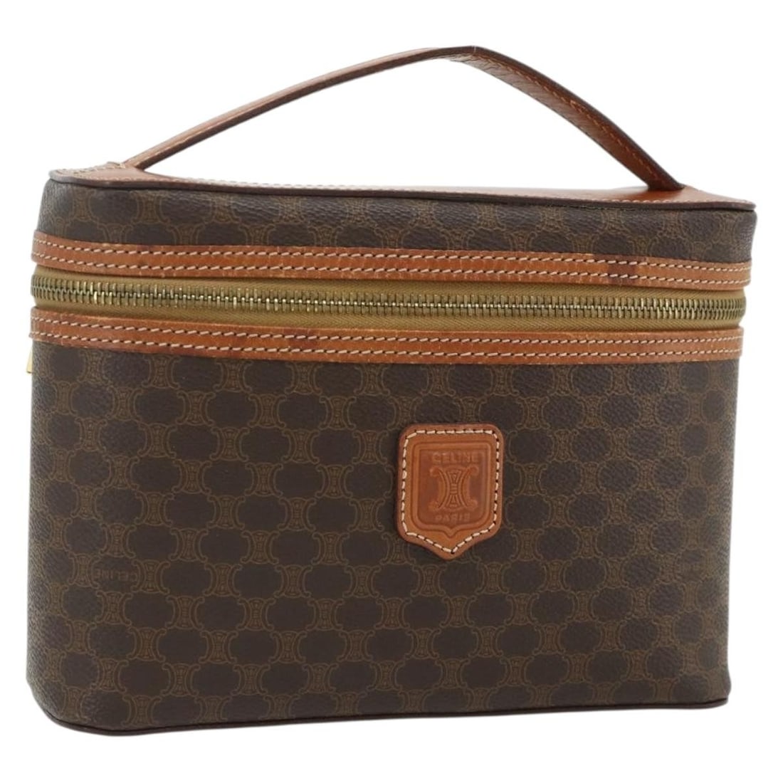 CELINE Macadam Canvas Brown Gold Vanity Handbag Italy: CELINE Macadam Canvas Brown Gold Vanity Handbag Italy This CELINE Macadam Canvas vanity handbag features a brown and gold PVC leather exterior with the iconic Macadam pattern. Designed for women, the 