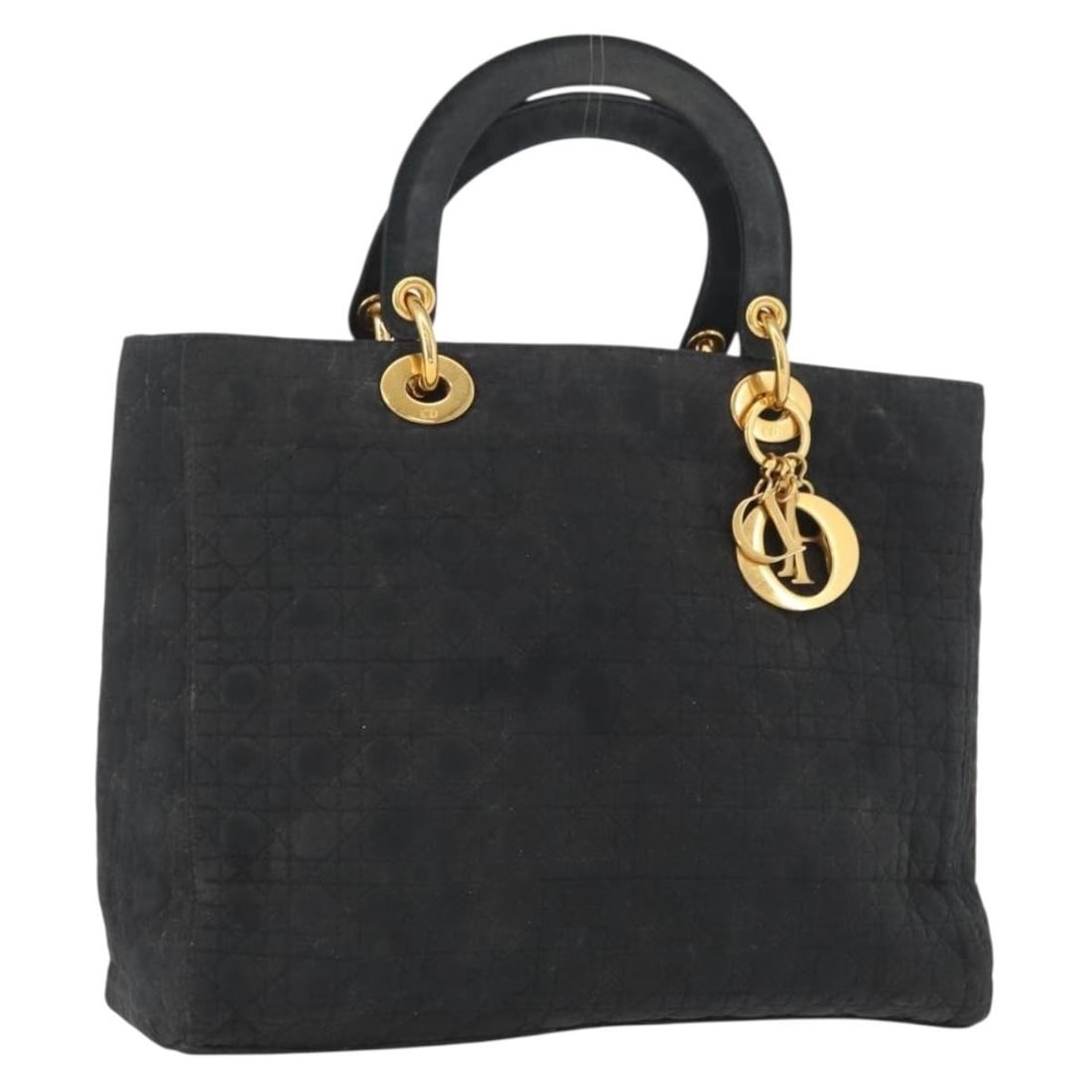 Christian Dior Cannage Nylon Hand Bag Black Gold Charm: Christian Dior Cannage Nylon Hand Bag Black Gold Charm Black Christian Dior handbag in nylon with gold-tone accents. It features a charm accessory, was made in Italy, and measures approximately W30 cm