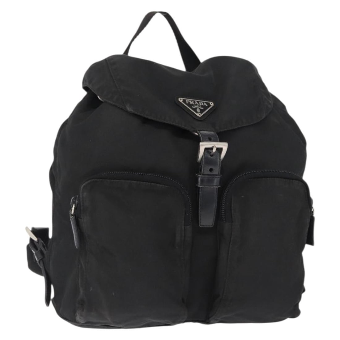 Black Nylon Women's Backpack by Prada with Silver Accents: Black Nylon Women's Backpack by Prada with Silver Accents This PRADA backpack is crafted from black nylon with silver-tone accents. Designed for women, it features a spacious main compartment and prac