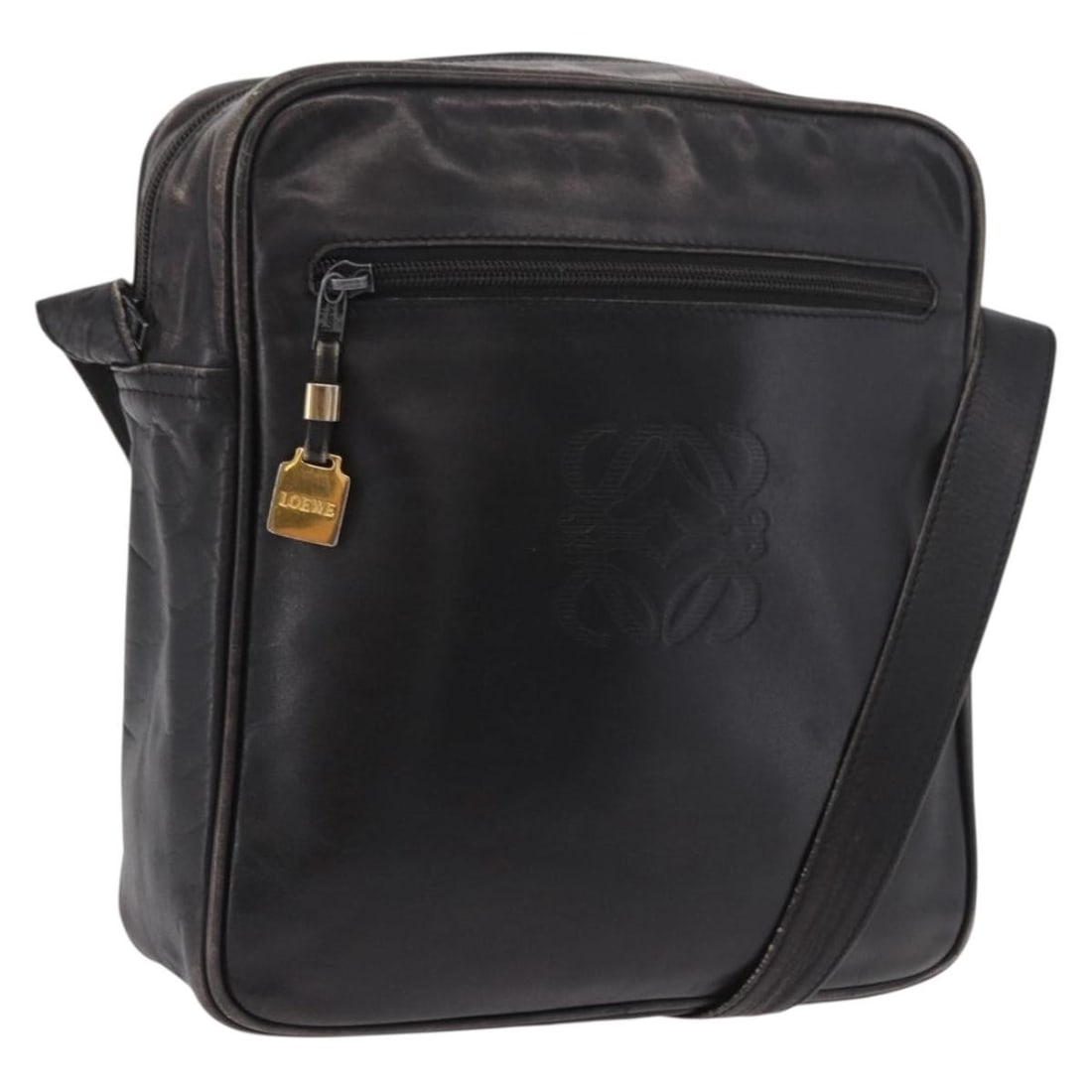 LOEWE Anagram Leather Shoulder Bag Black Gold Tone Spain: LOEWE Anagram Leather Shoulder Bag Black Gold Tone Spain A LOEWE shoulder bag crafted in leather with a black and gold colorway. It measures approximately W24 cm x H27 cm x D6 cm, with a shoulder drop