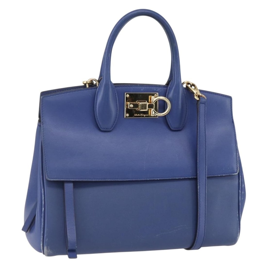 Salvatore Ferragamo Gancini 2way Leather Handbag Blue with Shoulder Strap: Salvatore Ferragamo Gancini 2way Leather Handbag Blue with Shoulder Strap Salvatore Ferragamo Gancini hand bag in leather, made in Italy, with a blue and gold exterior. This women's bag comes with a s