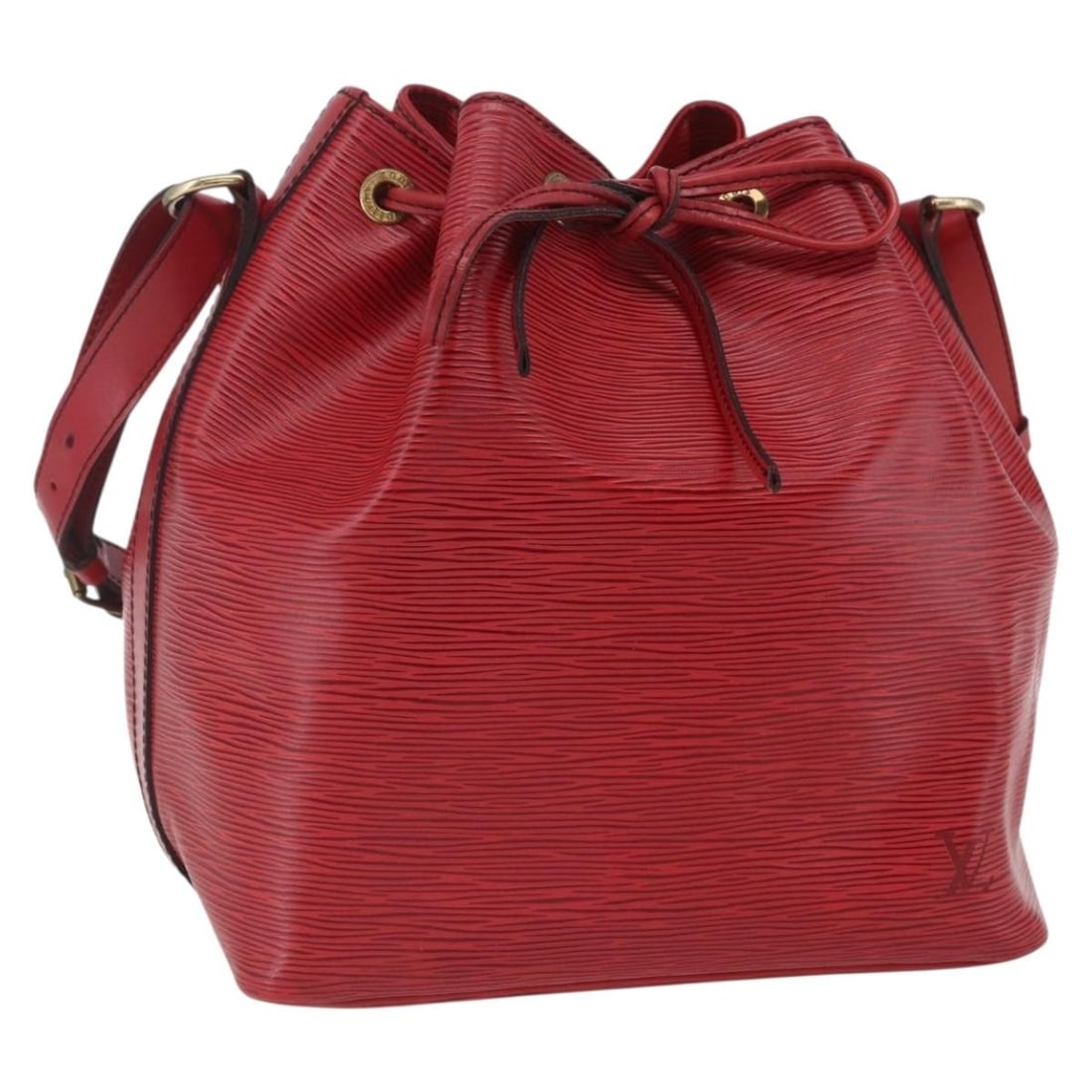 Red Epi Leather Petit Noe Shoulder Bag by Louis Vuitton M44107: Red Epi Leather Petit Noe Shoulder Bag by Louis Vuitton M44107 This is a Louis Vuitton Epi Petit Noe shoulder bag in red, crafted from Epi leather. The bag features a drawstring closure, an adjustable