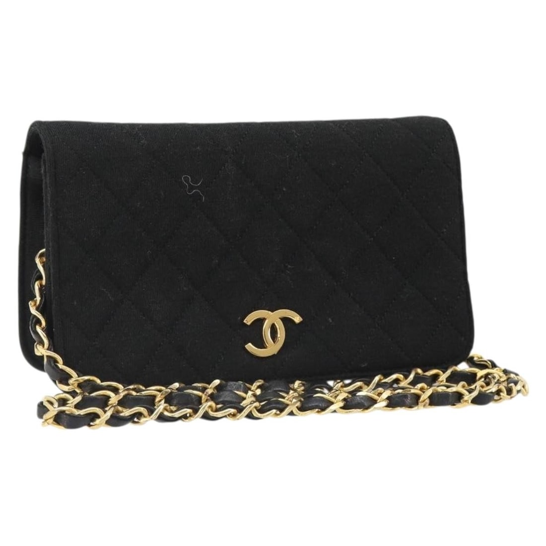 CHANEL Matelasse Cotton Shoulder Bag Black Gold Tone CC: CHANEL Matelasse Cotton Shoulder Bag Black Gold Tone CC CHANEL Matelasse chain shoulder bag in black and gold cotton, made in France. This women's shoulder bag comes with a guarantee card and has a st