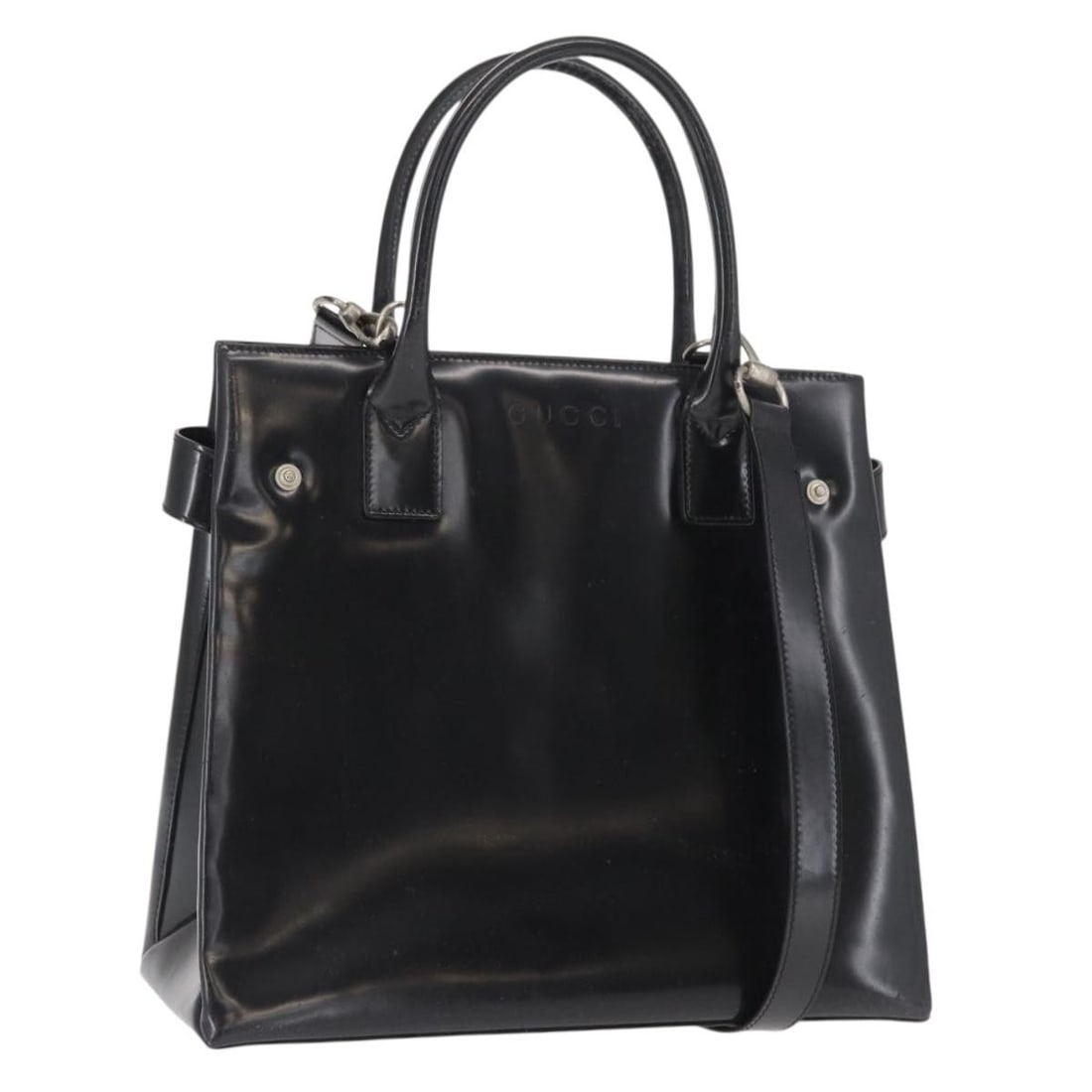Gucci 000 1118 0503 patent leather handbag with shoulder strap: Gucci 000 1118 0503 patent leather handbag with shoulder strap Gucci women's 2-way patent leather handbag in black with silver-tone accents. Made in Italy, this handbag includes a shoulder strap and c