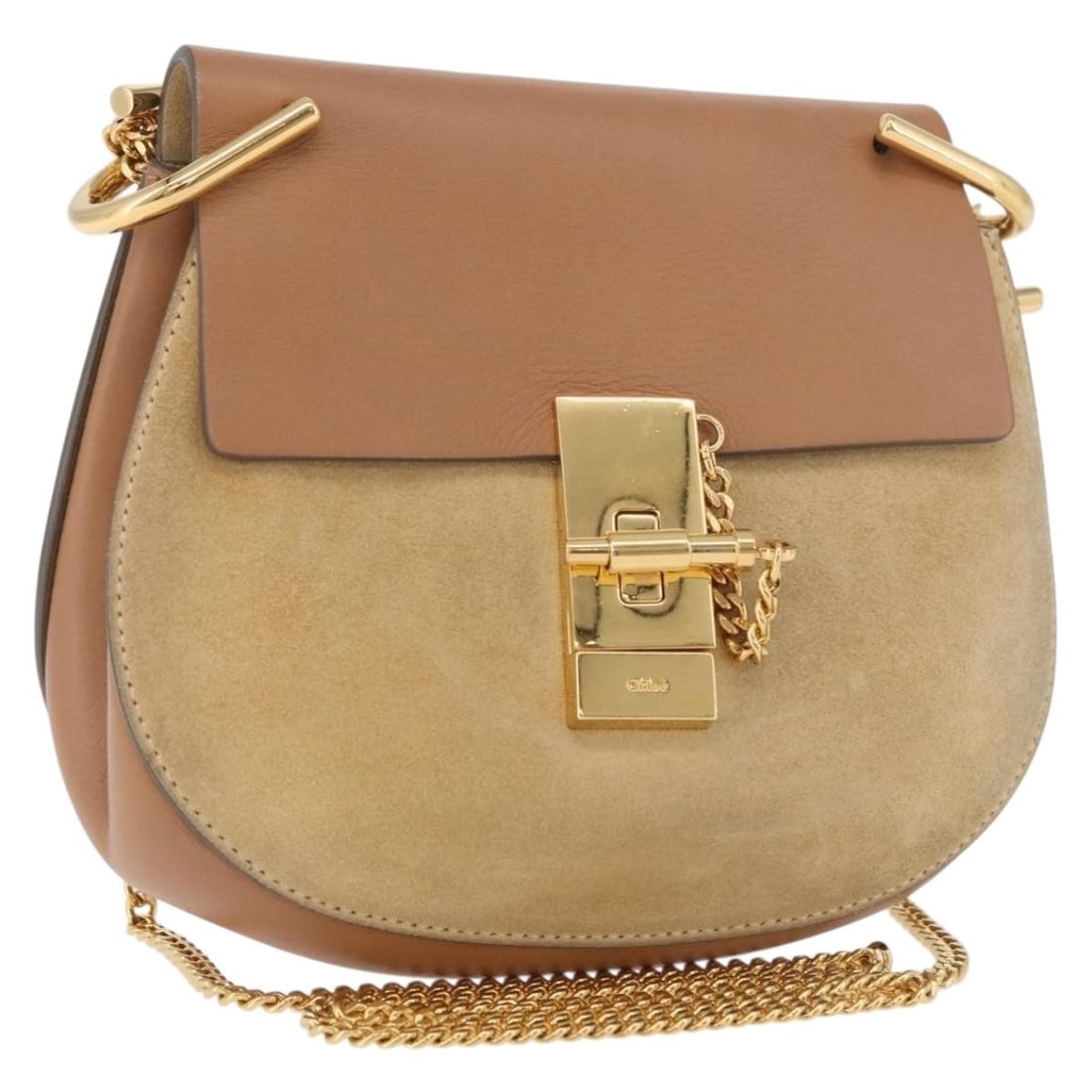 Chloe Drew suede shoulder bag beige gold tone with dust bag: Chloe Drew suede shoulder bag beige gold tone with dust bag Chloe Drew Chain shoulder bag in beige/gold suede, made in Italy. This women's shoulder bag comes with a dust bag and features a shoulder dr