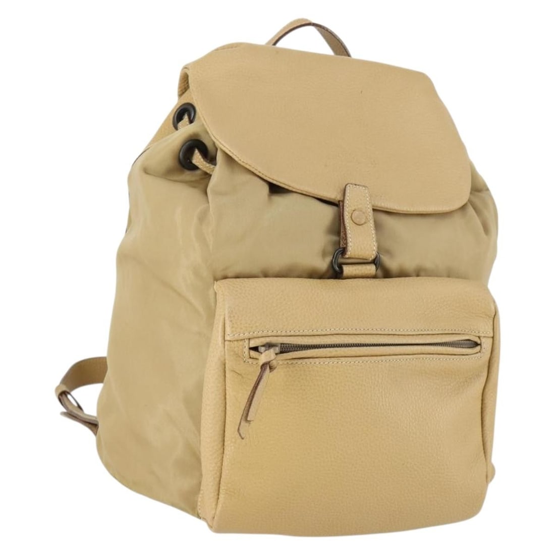 Prada Beige Nylon Backpack with Leather Trim Silver Tone Hardware: Prada Beige Nylon Backpack with Leather Trim Silver Tone Hardware Beige and silver backpack in nylon with leather details, made in Italy. The bag has a structured backpack style and shows heavy use, i