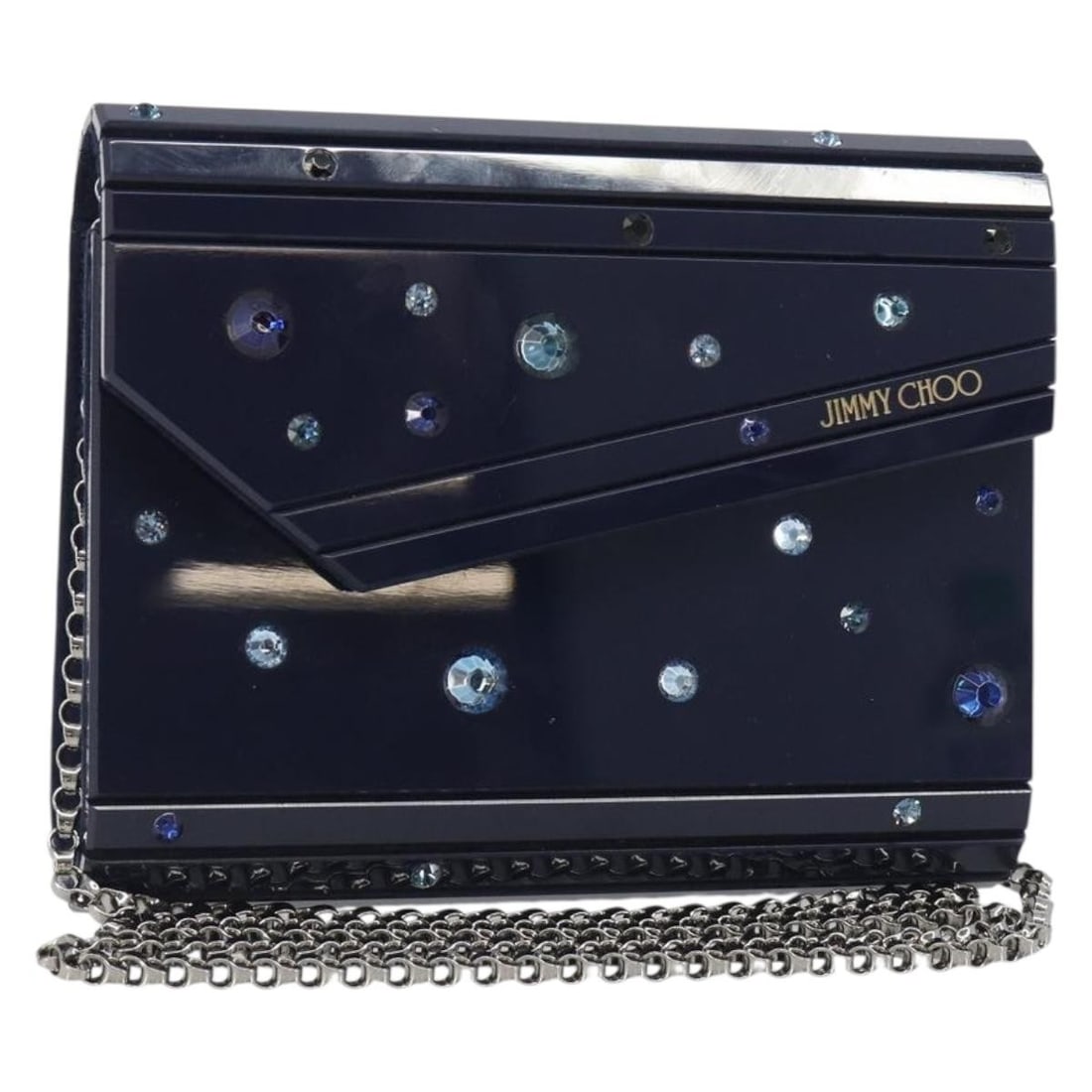 Jimmy Choo Navy Plastic Chain Strap Shoulder Bag: Jimmy Choo Navy Plastic Chain Strap Shoulder Bag Jimmy Choo chain shoulder bag in navy plastic, made in Italy. It features a shoulder bag style with a chain shoulder strap and measures approximately W