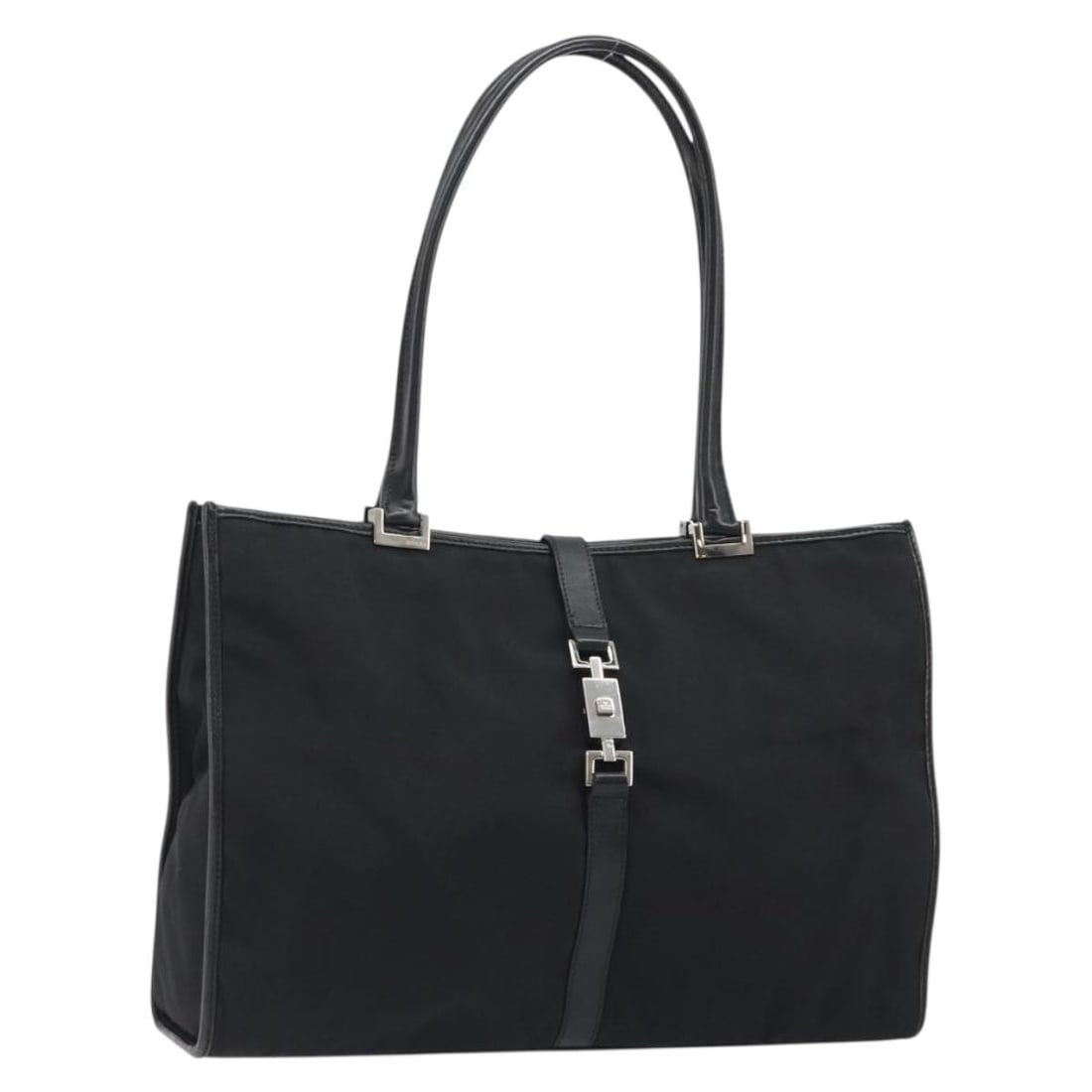 Gucci Jackie Black Canvas Tote Bag Silver Tone 002 1074: Gucci Jackie Black Canvas Tote Bag Silver Tone 002 1074 Gucci Jackie Tote Bag in black and silver canvas, made in Italy. This tote bag features a structured silhouette with a handle drop of approximat