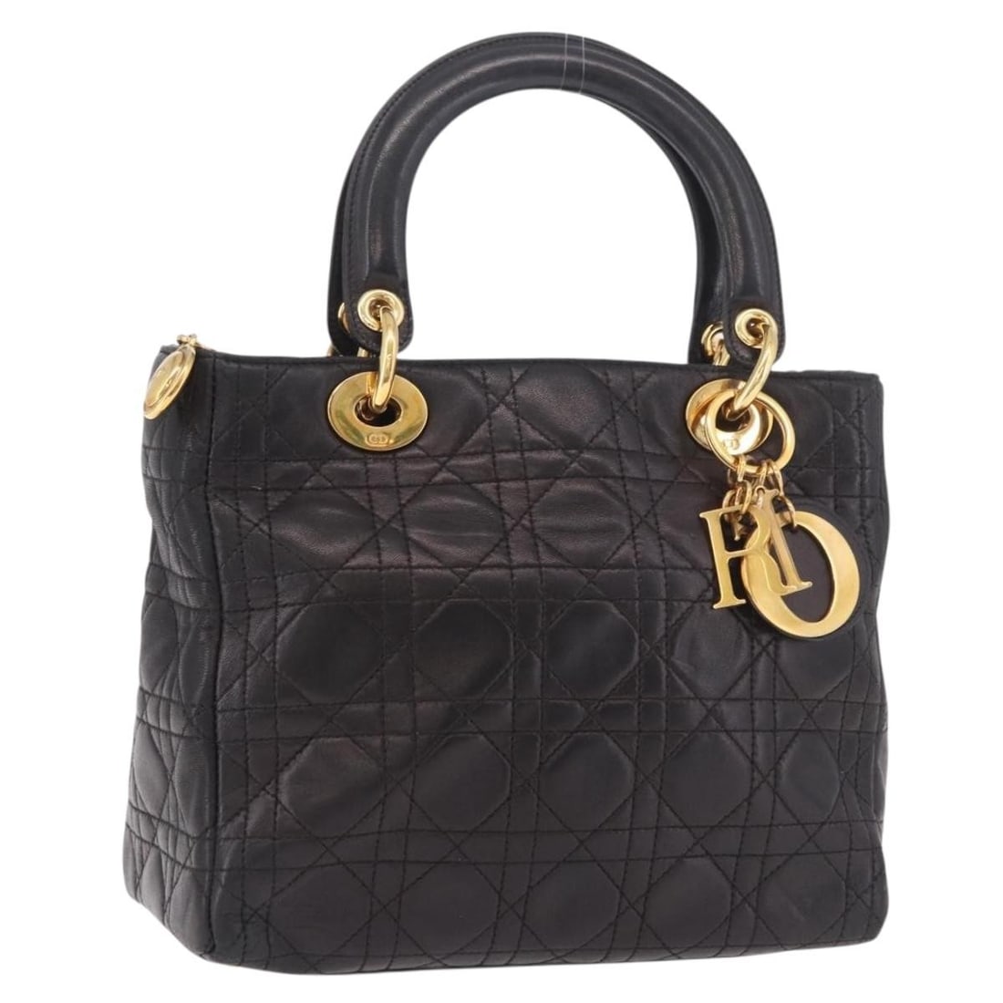 Christian Dior Cannage Black Leather Hand Bag Gold Tone Italy: Christian Dior Cannage Black Leather Hand Bag Gold Tone Italy Christian Dior Canage hand bag in black and gold leather, made in Italy. This women's bag features a handle drop of approximately 10 cm (3