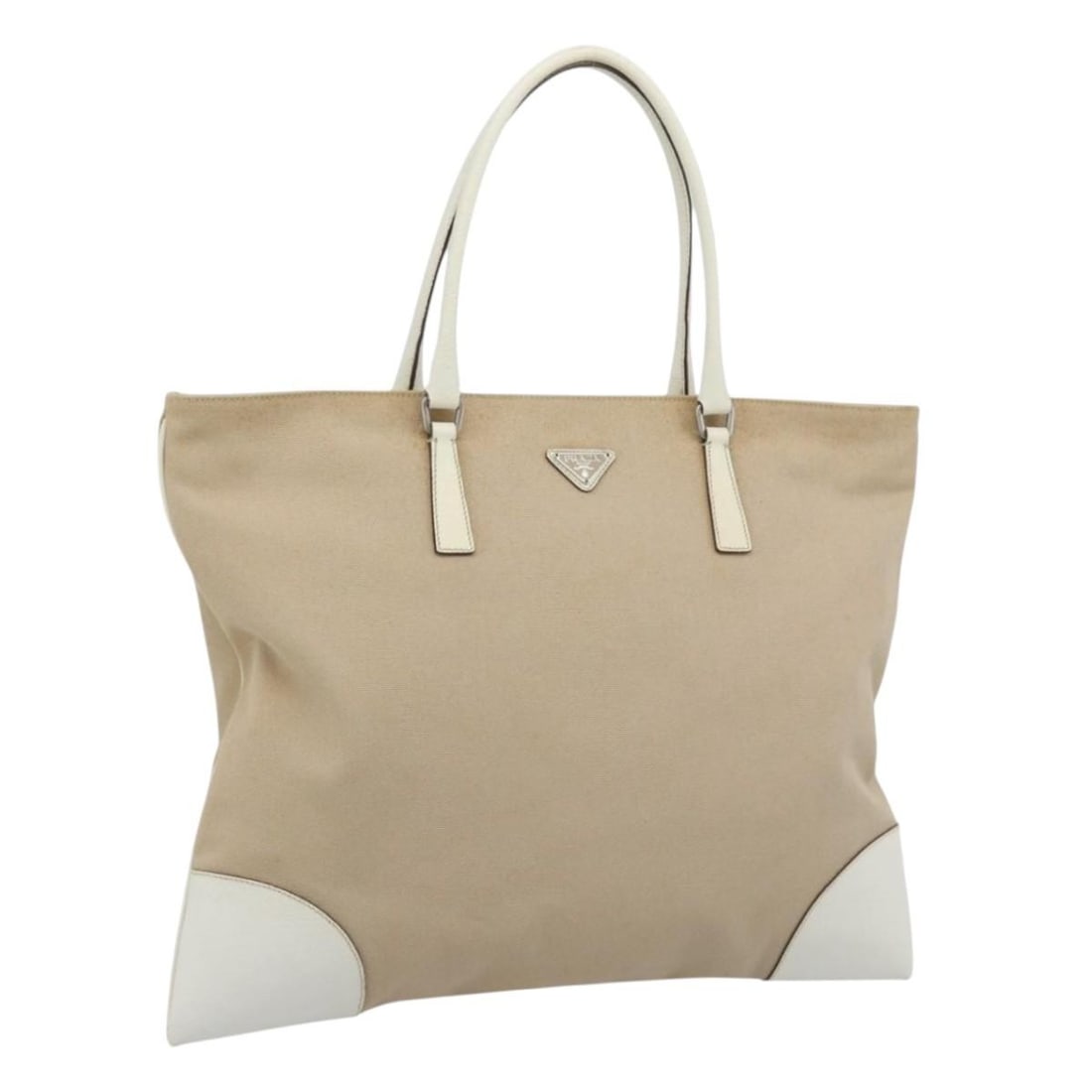 Prada Canvas Tote Handbag Beige Silver BA14115 Italy: Prada Canvas Tote Handbag Beige Silver BA14115 Italy Beige and silver Prada tote bag made from canvas, crafted in Italy. It features a structured tote style with a handle drop of approximately 16 cm (