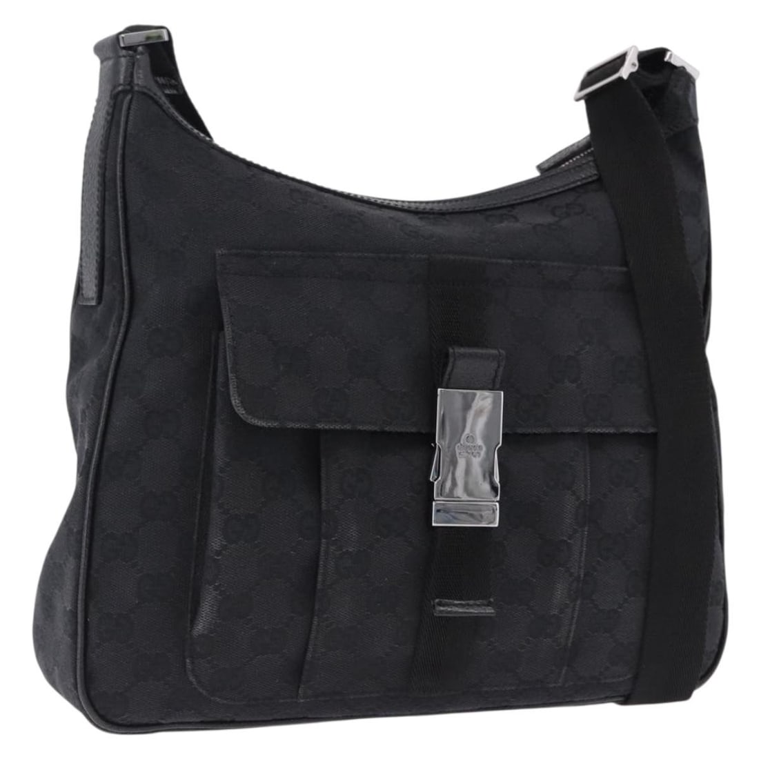 Gucci 131211 GG Canvas Black Shoulder Bag Silver Tone: Gucci 131211 GG Canvas Black Shoulder Bag Silver Tone A Gucci shoulder bag crafted in GG Canvas with a black and silver color combination. It measures approximately W29 x H25 x D7 cm, with a shoulder 