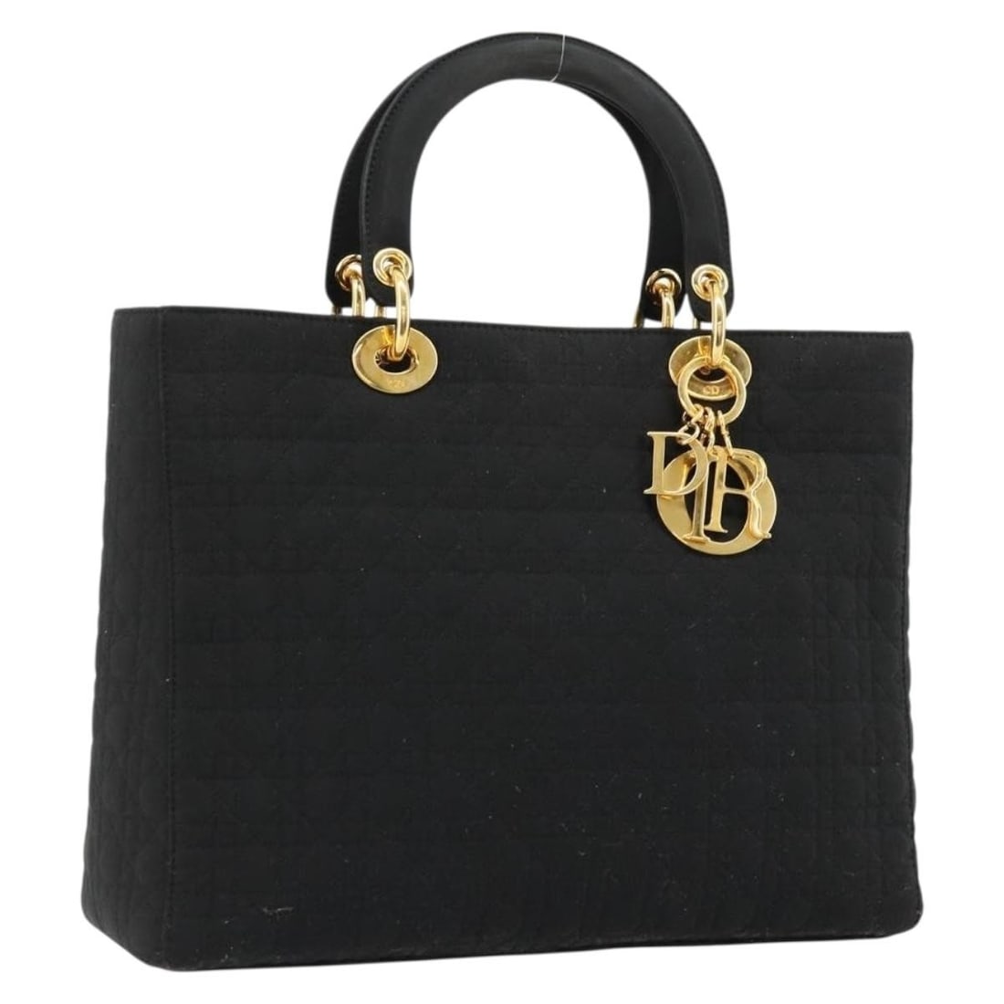 Christian Dior Lady Dior nylon black gold handbag with charm: Christian Dior Lady Dior nylon black gold handbag with charm This Christian Dior Canage Lady Dior handbag is crafted from black nylon with gold-tone accents. Designed for women, it features a structur