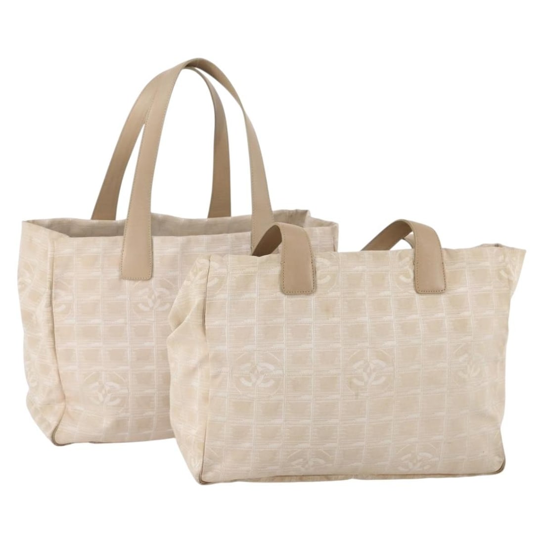2 Piece Beige Nylon Tote Bag Set Chanel New Travel Line: 2 Piece Beige Nylon Tote Bag Set Chanel New Travel Line Beige Chanel New Travel Line tote bag in nylon, made in Italy. This special set sale is offered as the item shown in the photo only; no item box