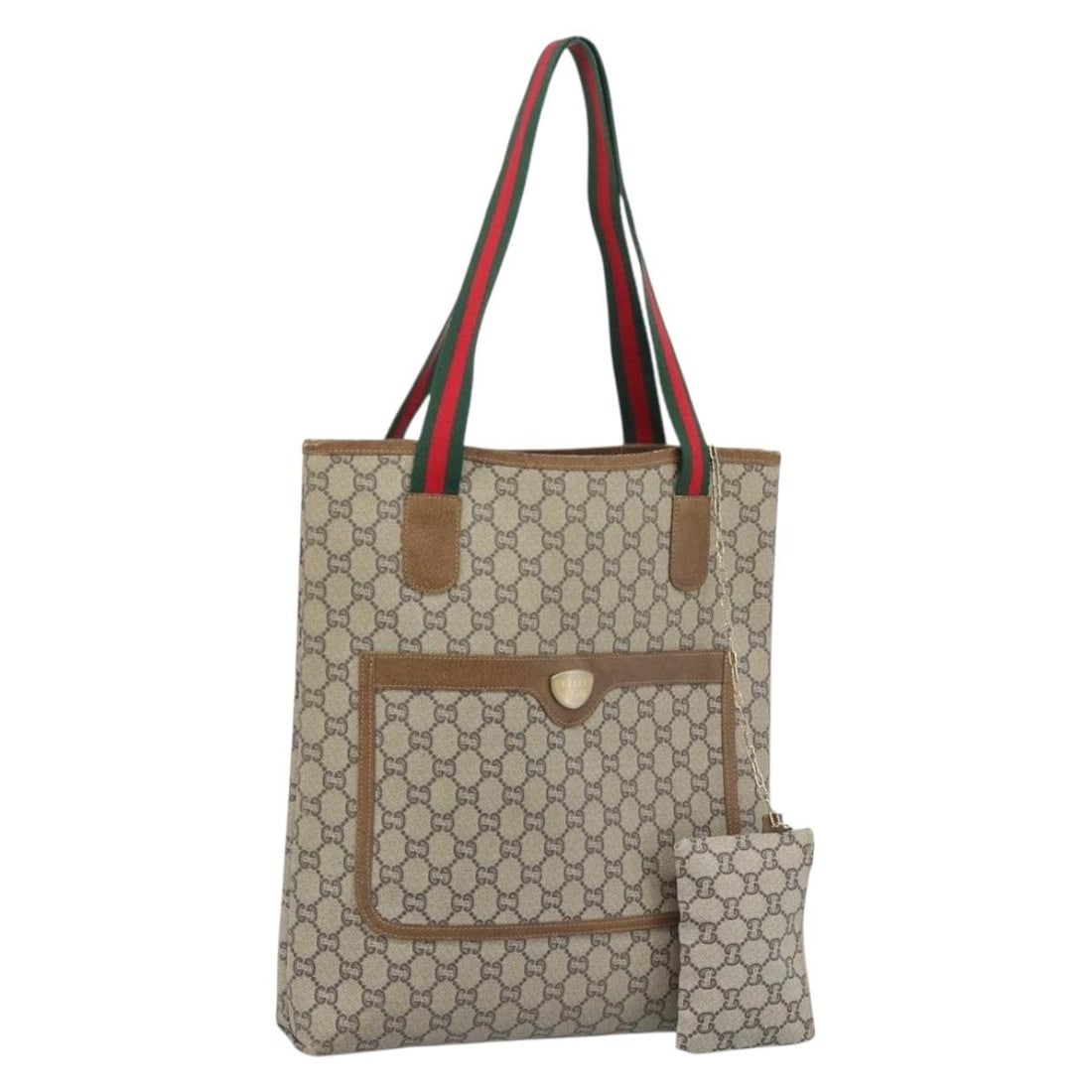 Gucci Sherry Line GG Supreme PVC Tote with Pouch Beige Gold: Gucci Sherry Line GG Supreme PVC Tote with Pouch Beige Gold Gucci GG Supreme Web Sherry Line tote bag in beige and gold PVC leather with GG canvas. This women's tote includes a pouch and was made in I