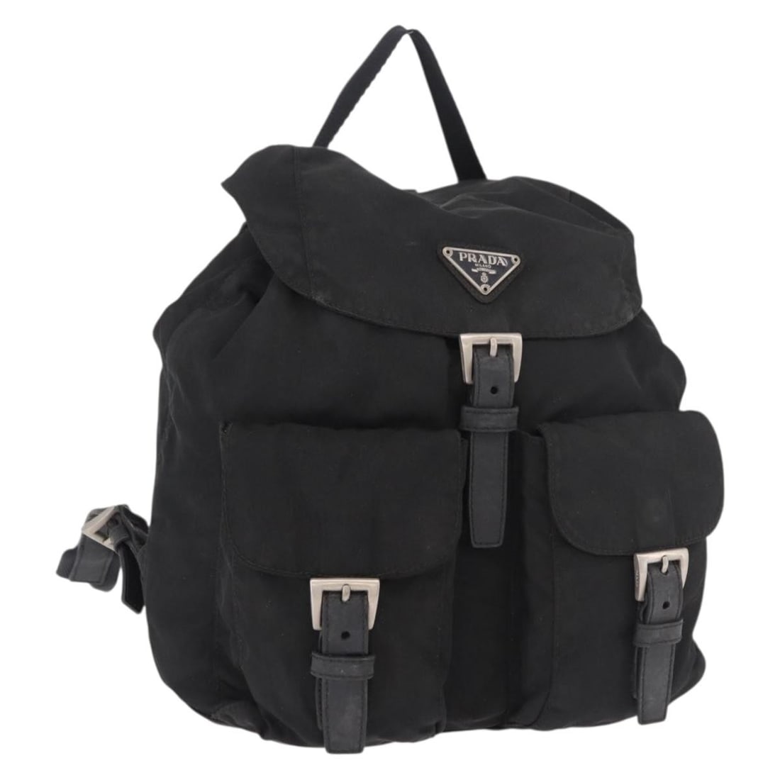 PRADA Black Nylon Backpack with Guarantee Card Made in Italy: PRADA Black Nylon Backpack with Guarantee Card Made in Italy Authentic Prada women's backpack in black nylon with silver-tone accents, made in Italy. This backpack includes a guarantee card and shows 
