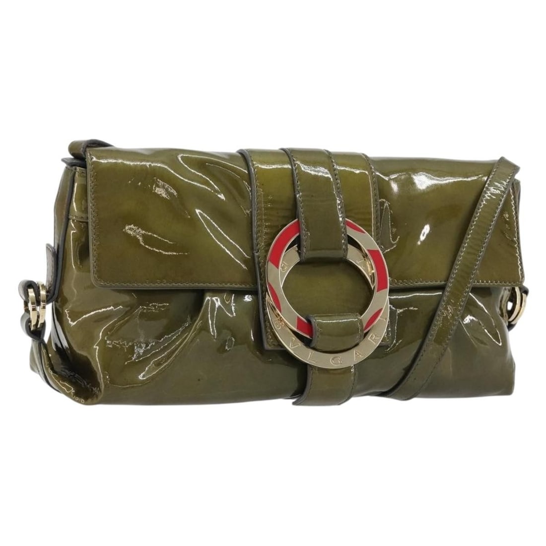 BVLGARI Green Patent Leather Shoulder Bag Gold Tone Italy: BVLGARI Green Patent Leather Shoulder Bag Gold Tone Italy BVLGARI shoulder bag in patent leather with a green and gold exterior. Made in Italy, this women's bag features a shoulder strap with an appro