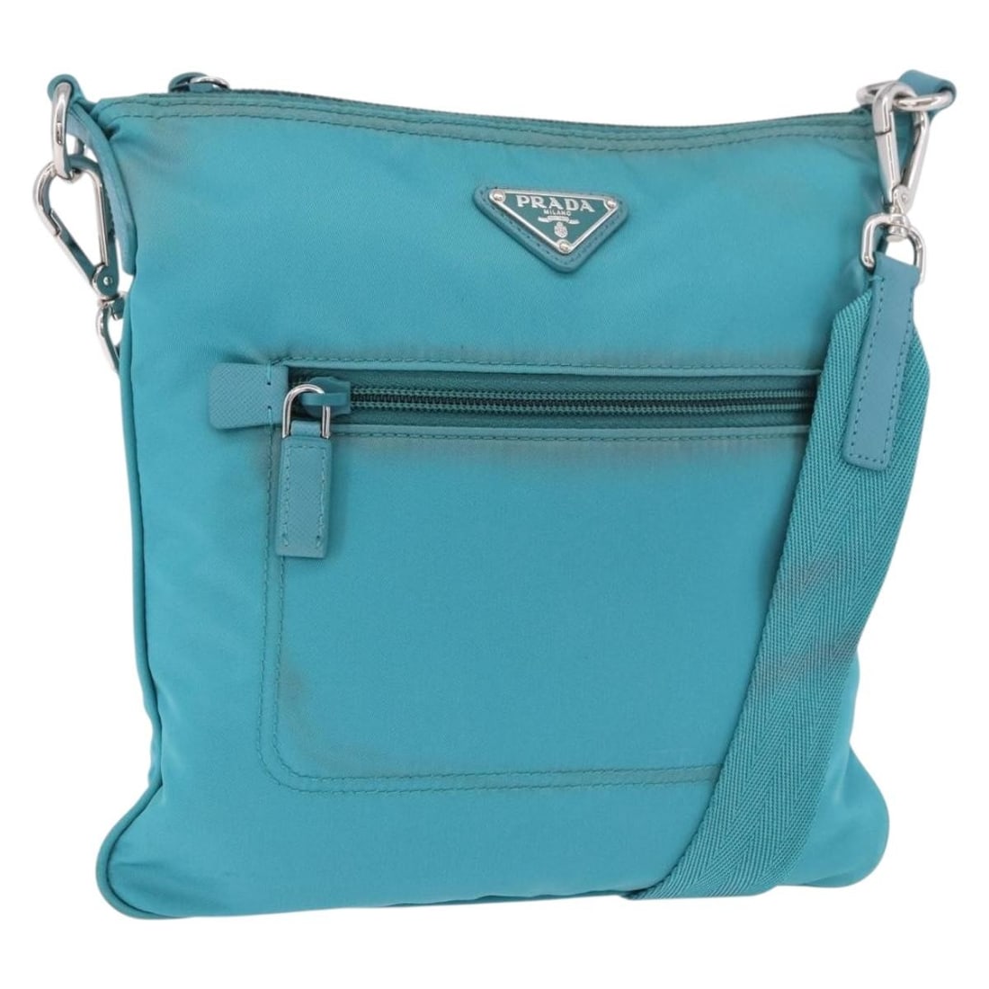 PRADA nylon shoulder bag light blue silver with guarantee card: PRADA nylon shoulder bag light blue silver with guarantee card PRADA shoulder bag in nylon with a light blue and silver colorway. Made in Italy, this women's bag measures approximately 24 cm x 24 cm a