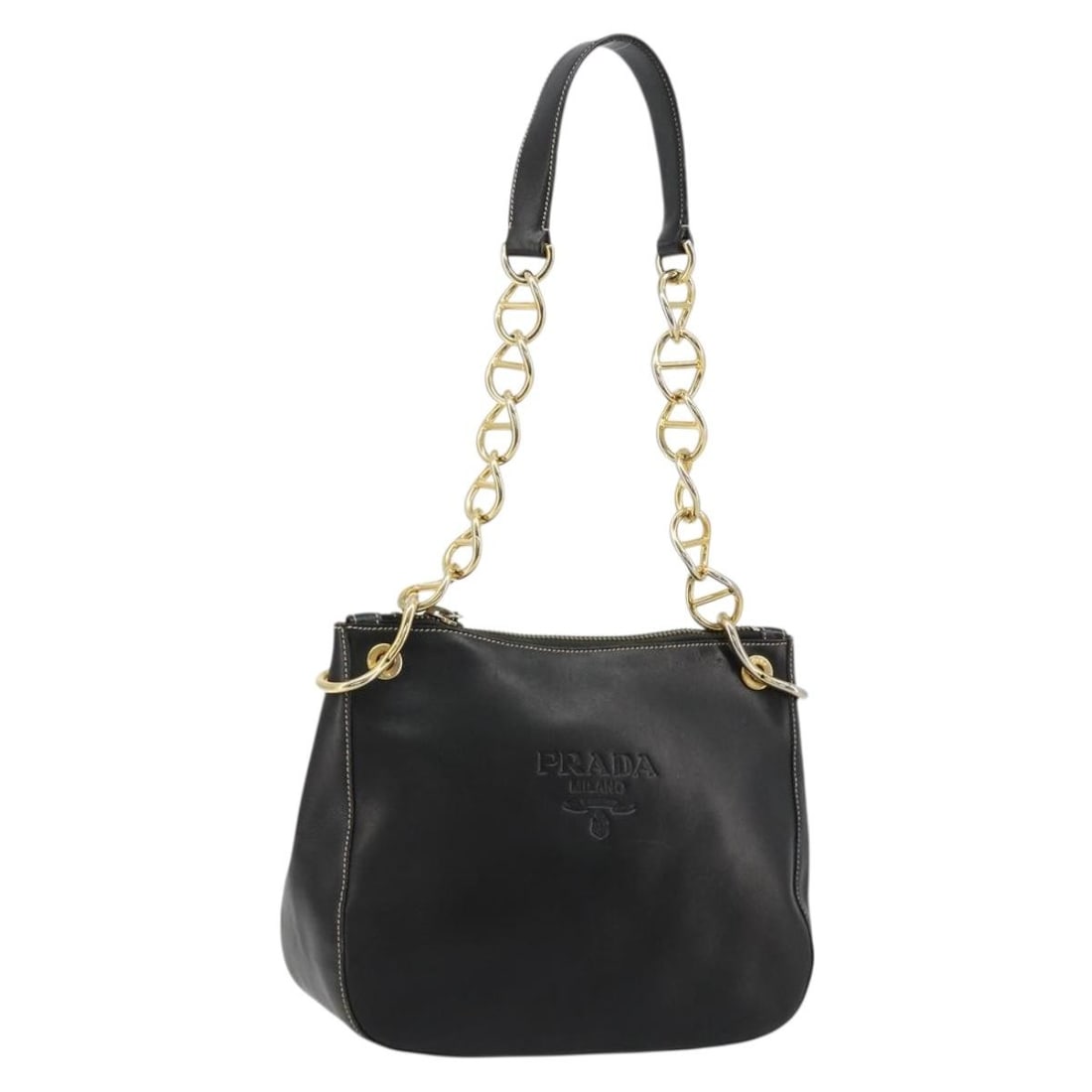 Prada Leather Shoulder Bag Black Gold Chain Strap Dust Bag: Prada Leather Shoulder Bag Black Gold Chain Strap Dust Bag Prada chain shoulder bag in black leather with gold-tone details. It comes with a dust bag and was made in Italy. The bag shows heavy use wit