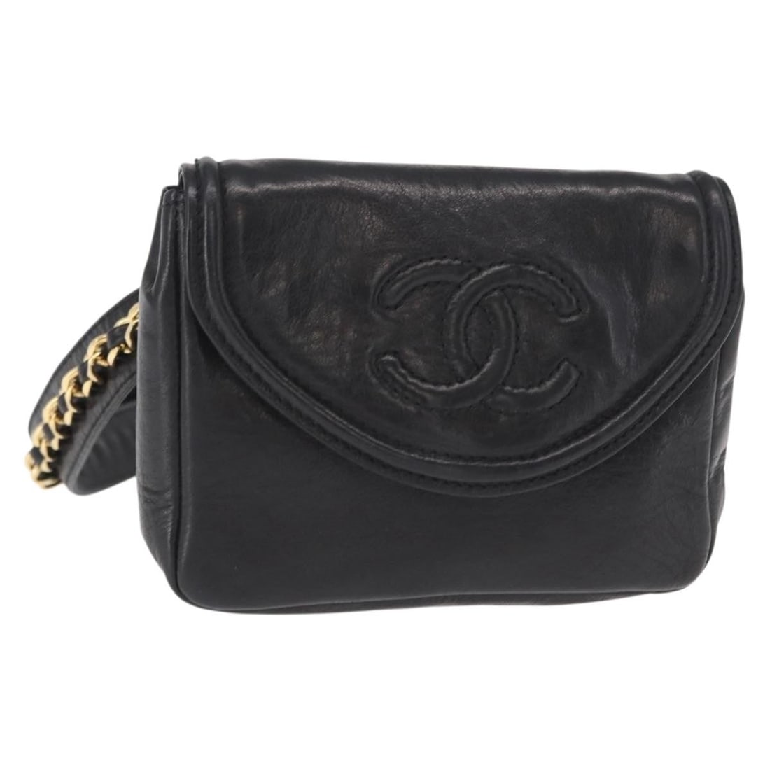 Black Lambskin Waist Bag CHANEL CC Gold Tone Italy: Black Lambskin Waist Bag CHANEL CC Gold Tone Italy Black Chanel lamb skin waist bag in gold-tone hardware, made in Italy. The item is described as a waist bag and comes with only the item shown in the