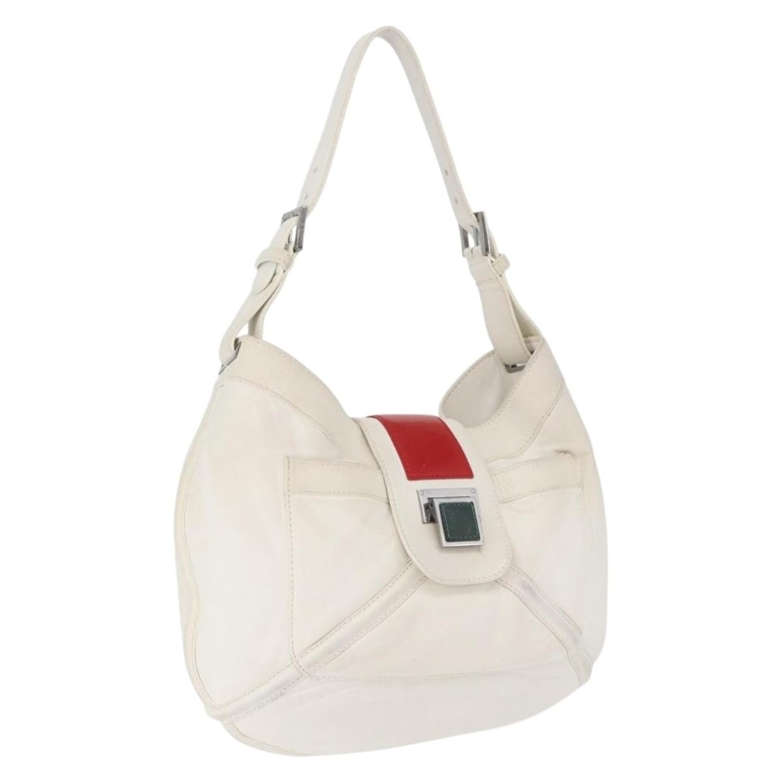 White Silver Leather LOEWE Shoulder Bag Spain 13 inch: White Silver Leather LOEWE Shoulder Bag Spain 13 inch This LOEWE shoulder bag features a white and silver leather exterior with silver-tone hardware. Designed for women, the bag is made in Spain and o