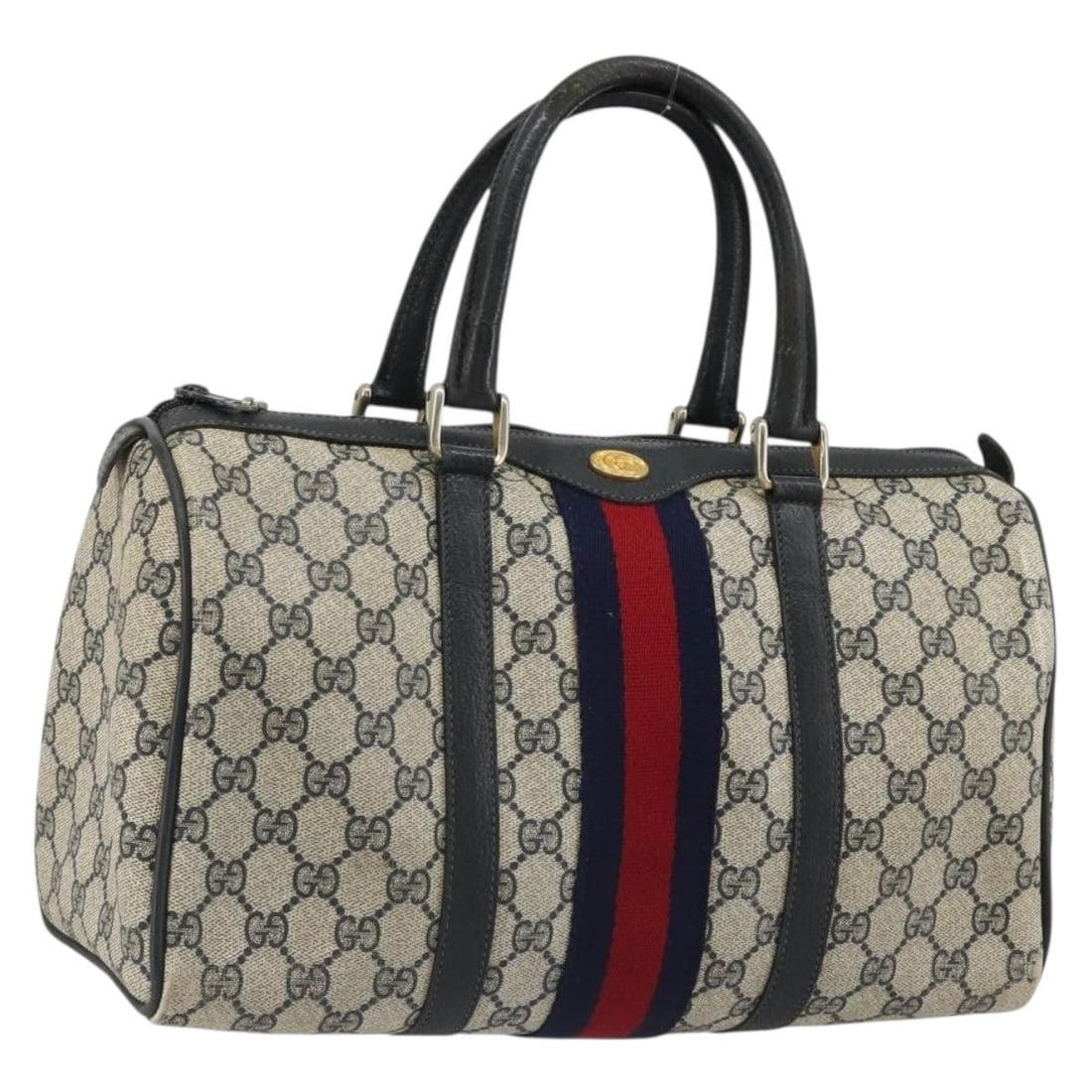 Gucci 012 3842 58 Boston Bag GG Supreme Sherry Navy PVC Leather: Gucci 012 3842 58 Boston Bag GG Supreme Sherry Navy PVC Leather Gucci GG Supreme Sherry Line Boston bag in navy and gold PVC leather with GG canvas. Made in Italy, this women's handbag is offered with