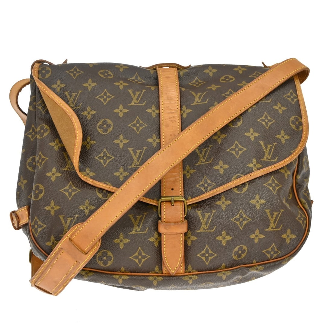Louis Vuitton Saumur 35 Monogram Crossbody Bag M42254: Louis Vuitton Saumur 35 Monogram Crossbody Bag M42254 Vintage Louis Vuitton Saumur 35 shoulder bag in Monogram canvas and leather, made in France. It features a buckle closure, brown exterior and lini