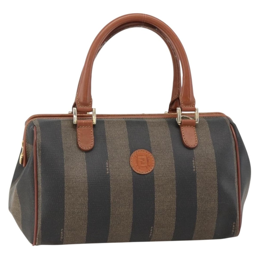 Fendi Pequin Canvas PVC Leather Handbag Black Brown: Fendi Pequin Canvas PVC Leather Handbag Black Brown Authentic Fendi handbag in black and brown Pequin canvas with PVC leather trim. Made in Italy, this women's bag is offered without the original box 