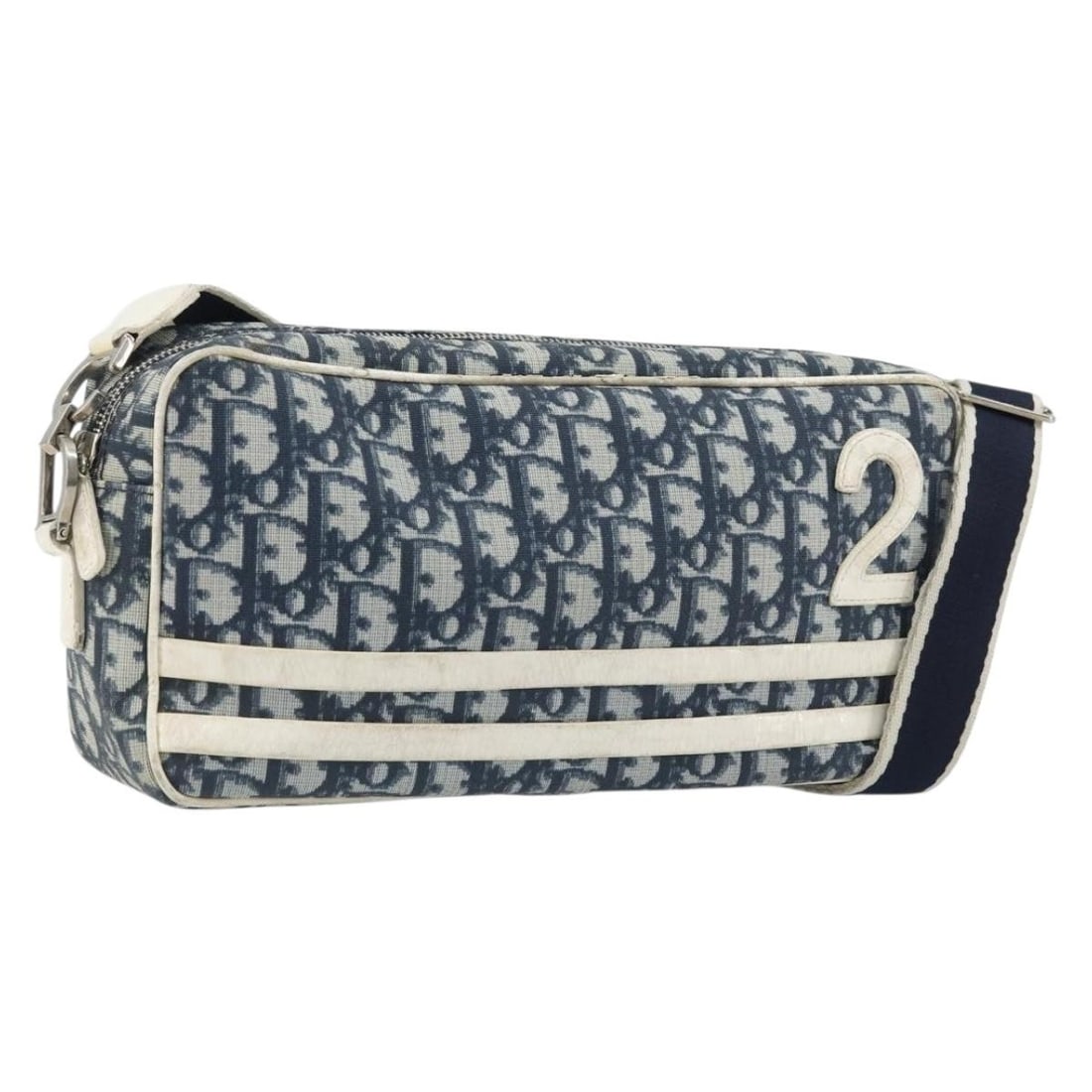 Christian Dior Trotter Canvas Navy Silver Shoulder Bag: Christian Dior Trotter Canvas Navy Silver Shoulder Bag This Christian Dior Trotter Canvas shoulder bag features a navy and silver color scheme with PVC leather and signature Trotter canvas materials. 