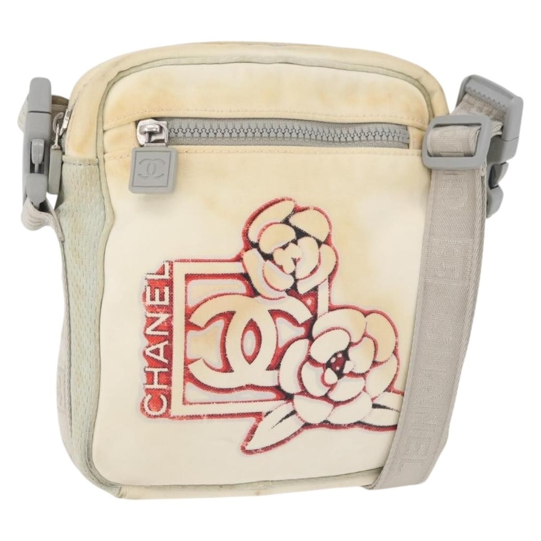 CHANEL Sports Line Nylon Shoulder Bag White Silver CC: CHANEL Sports Line Nylon Shoulder Bag White Silver CC Chanel Sports Line shoulder bag in nylon with a white and silver exterior. Made in Italy, this women's shoulder bag includes a dust bag. The item 