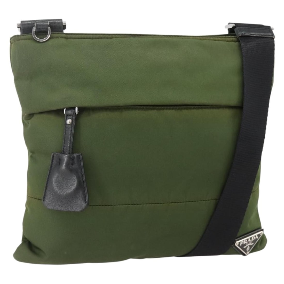 Prada Nylon Shoulder Bag Green with Silver Tone Hardware: Prada Nylon Shoulder Bag Green with Silver Tone Hardware A Prada shoulder bag in green and silver, crafted from nylon and made in Italy. It comes with a guarantee card and has a shoulder drop of appro
