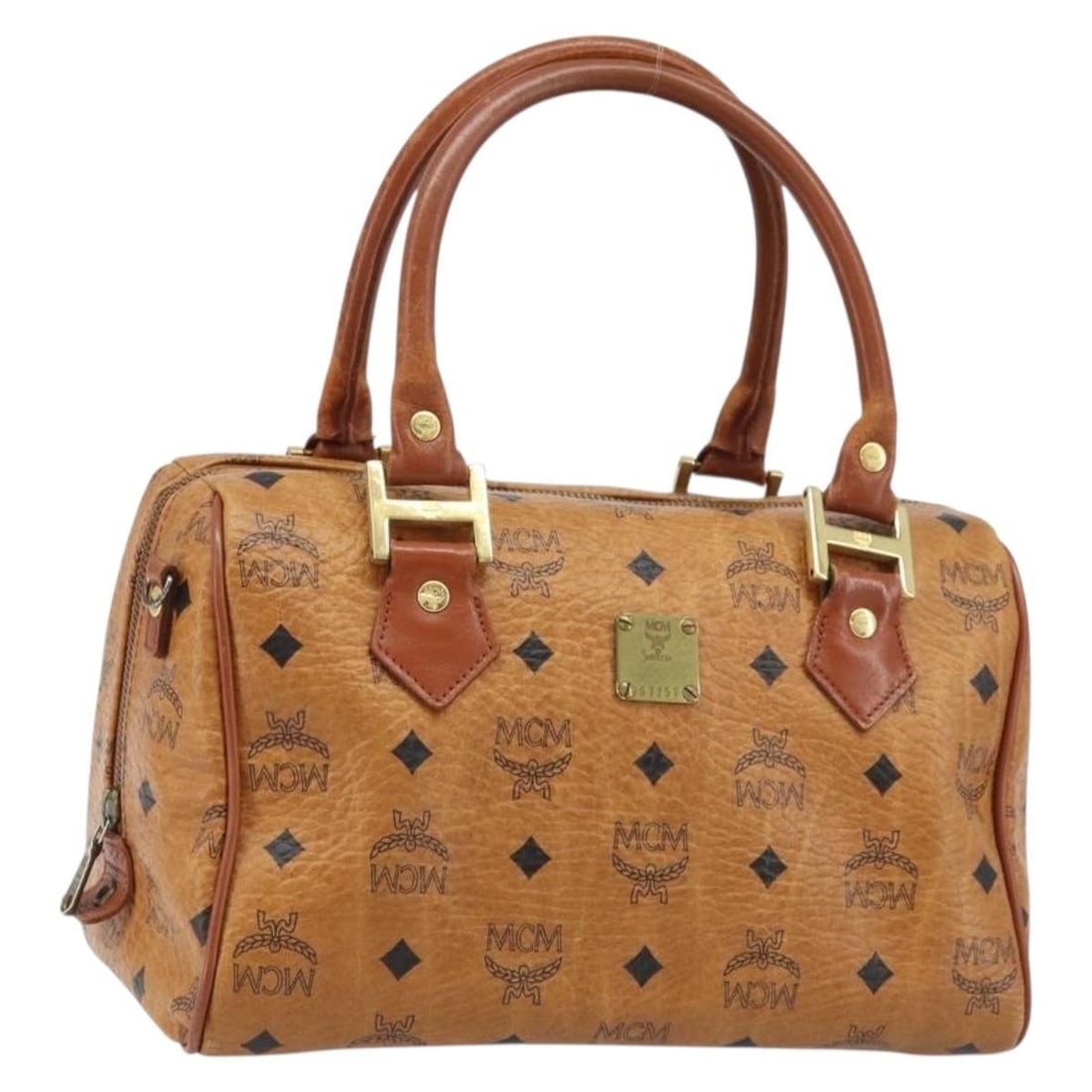 MCM Logogram Boston Bag Brown PVC Leather Gold Accents Germany: MCM Logogram Boston Bag Brown PVC Leather Gold Accents Germany This MCM Boston Bag features the iconic Vicetos logogram and is crafted from durable PVC leather in brown and gold tones. Designed for wo