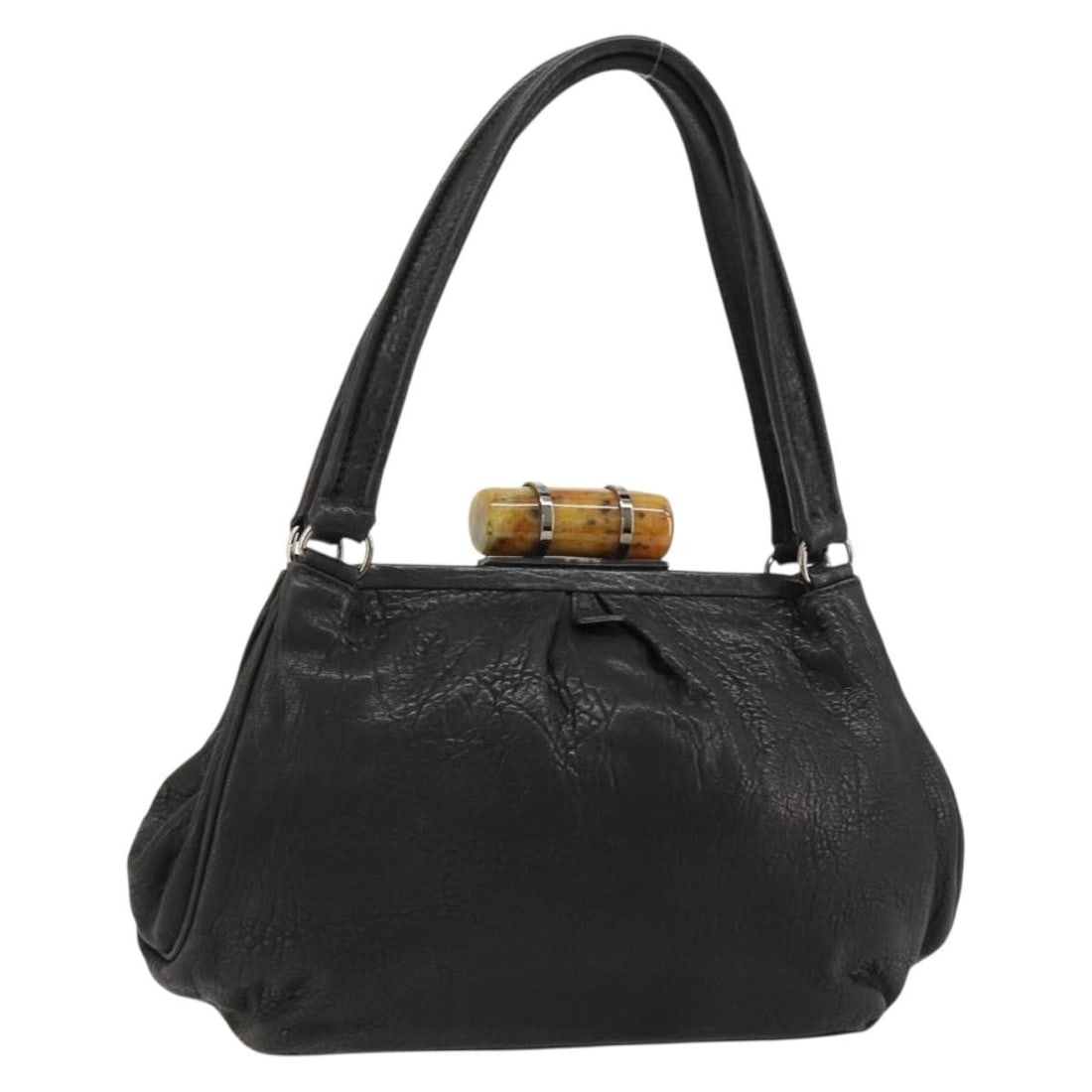 Miu Miu Black Leather Hand Bag Silver Tone Italy: Miu Miu Black Leather Hand Bag Silver Tone Italy Miu Miu hand bag in black and silver leather, made in Italy. The bag measures approximately 25 cm W x 22 cm H x 9 cm D, with a handle drop of approxima