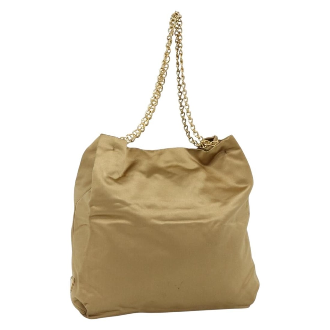 Prada Satin Tote Bag Gold Chain Handle with Guarantee Card: Prada Satin Tote Bag Gold Chain Handle with Guarantee Card A Prada chain tote bag in gold satin, made in Italy. It comes with a guarantee card and has serial number 6. The bag is described as heavily 