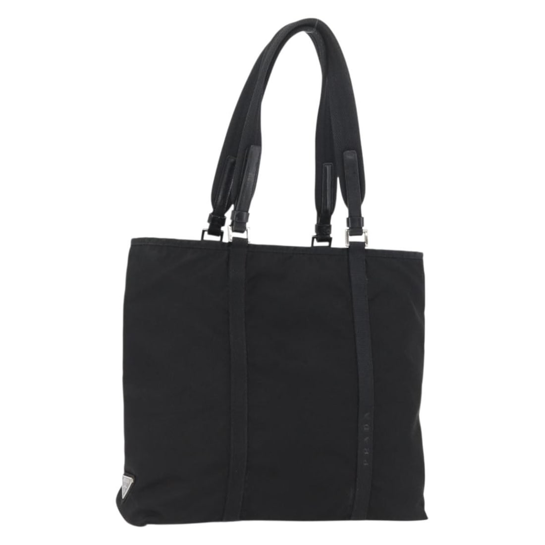 Prada Black Nylon Tote with Silver Accents Italy: Prada Black Nylon Tote with Silver Accents Italy This PRADA tote bag is crafted from black nylon with silver-tone accents and is designed for women. The bag features dual top handles and offers a spac