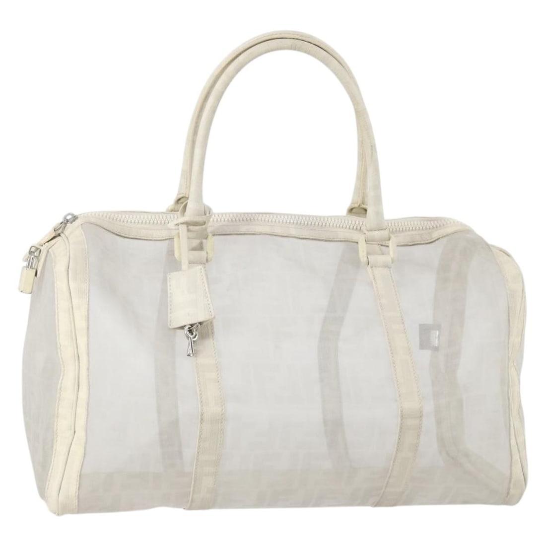 FENDI Zucca Mesh Boston Bag PVC White Silver with Accessories: FENDI Zucca Mesh Boston Bag PVC White Silver with Accessories This authentic Fendi Zucca Mesh Boston Bag combines a stylish white and silver color palette with durable PVC leather and Zucca canvas mat