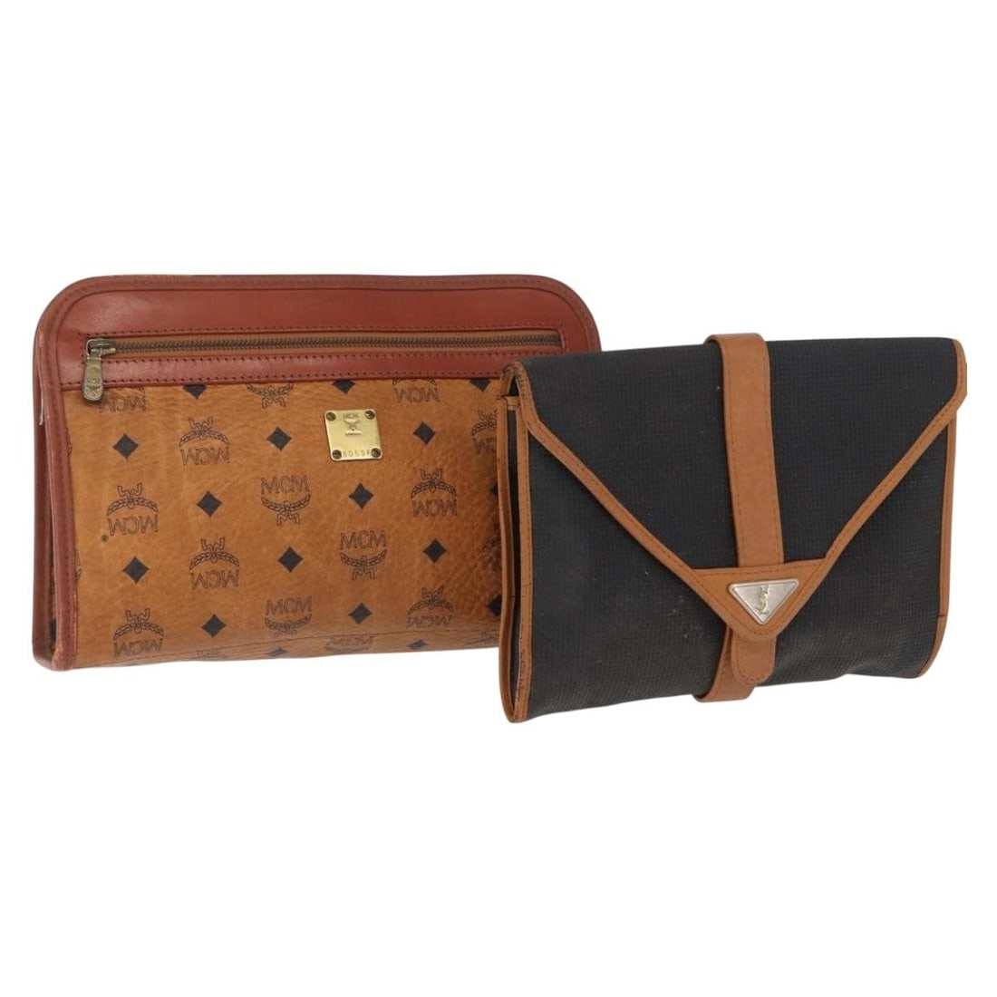 Pair of Saint Laurent MCM Vicetos PVC Leather Clutch Bags Brown and Black: Pair of Saint Laurent MCM Vicetos PVC Leather Clutch Bags Brown and Black This is a SAINT LAURENT MCM Vicetos clutch bag set featuring two pieces crafted from PVC leather in brown and black. The set d