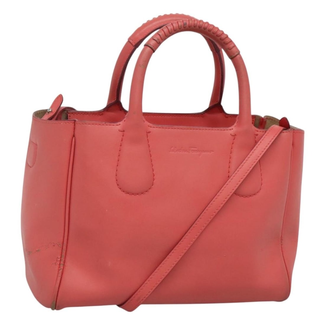 Ferragamo Pink Leather Satchel with Shoulder Strap Silver Hardware Italy: Ferragamo Pink Leather Satchel with Shoulder Strap Silver Hardware Italy This Salvatore Ferragamo handbag features a 2-way design in pink and silver leather. Designed for women, it offers both a handl