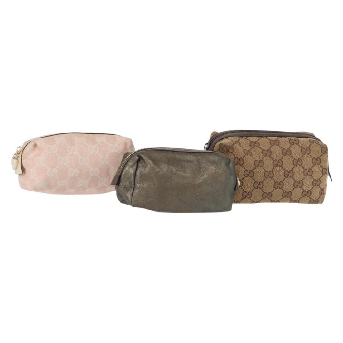 GUCCI GG Canvas Pouch Set 3 Pink Gold Beige Authentic: GUCCI GG Canvas Pouch Set 3 Pink Gold Beige Authentic This set of three Gucci GG Canvas Pouches showcases a chic combination of pink, gold, and beige colors. Crafted from durable GG Canvas, these pouc