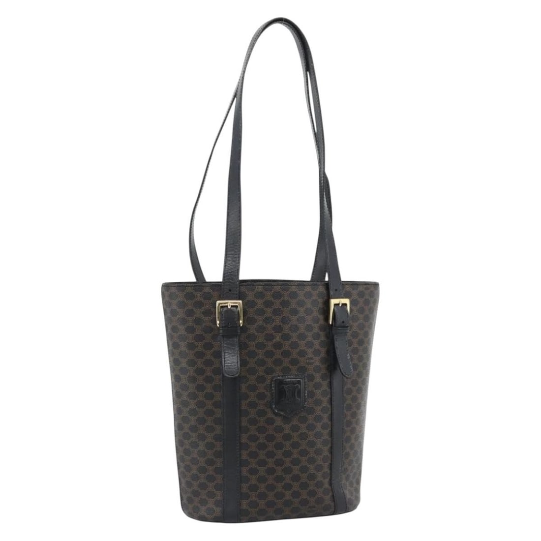 CELINE Macadam Tote Bag Black PVC Leather Italy: CELINE Macadam Tote Bag Black PVC Leather Italy CELINE Macadam canvas tote bag in black and gold, made in Italy. The bag is crafted from PVC leather and Macadam canvas and features a tote bag style wi