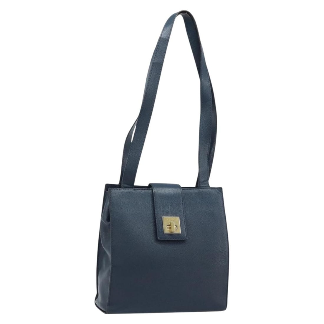 CELINE Navy Leather Shoulder Bag with Gold Tone Hardware: CELINE Navy Leather Shoulder Bag with Gold Tone Hardware CELINE shoulder bag in navy and gold leather, made in Italy. The bag has a structured size of approximately 25 cm x 25 cm x 8 cm with a shoulde