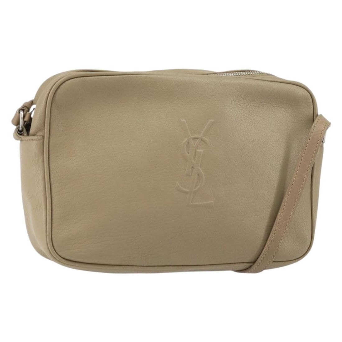 Beige Leather Saint Laurent Shoulder Bag with Silver Accents: Beige Leather Saint Laurent Shoulder Bag with Silver Accents This SAINT LAURENT shoulder bag features beige leather with silver-tone accents, offering a classic and versatile style. The bag is made in