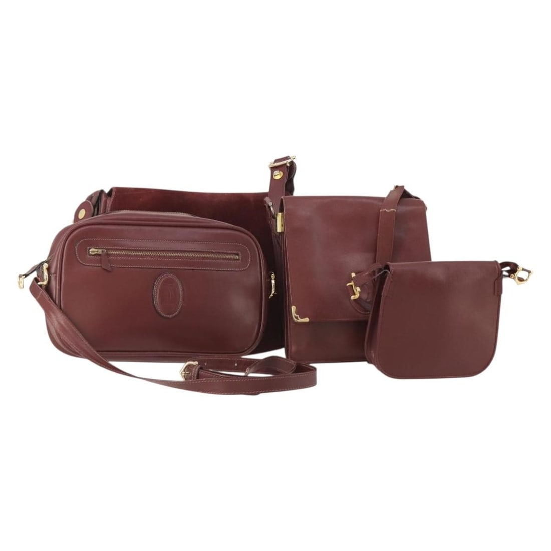 Cartier Must Line Bordeaux Leather Shoulder Bag 4 Piece Set: Cartier Must Line Bordeaux Leather Shoulder Bag 4 Piece Set Cartier Must Line shoulder bag in leather with a Bordeaux exterior, made in Italy. This special set sale is offered as shown in the photo on