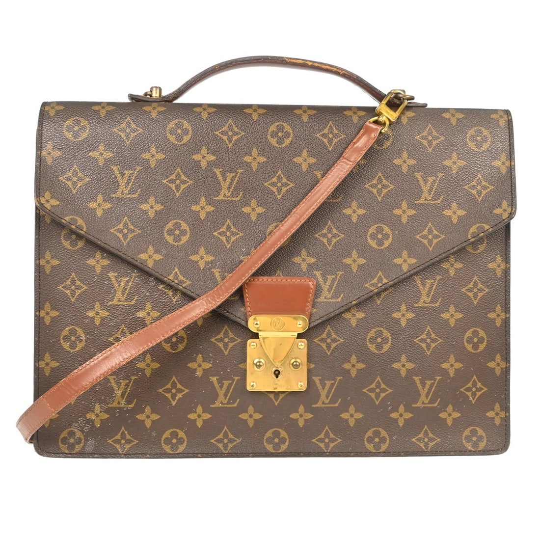 Louis Vuitton Porte Documents Bandouliere Monogram Canvas Briefcase M53338: Louis Vuitton Porte Documents Bandouliere Monogram Canvas Briefcase M53338 Vintage Louis Vuitton Porte Documents Bandouliere handbag in brown Monogram canvas with leather trim and double handles. Made