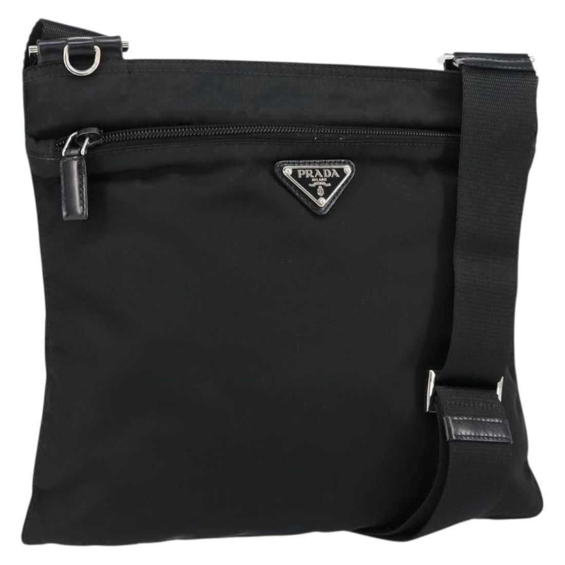 PRADA Black Silver Nylon Shoulder Bag Made in Italy: PRADA Black Silver Nylon Shoulder Bag Made in Italy Black Prada shoulder bag in nylon with silver-tone hardware. Made in Italy, this pre-owned bag is offered in heavily used condition with visible wea