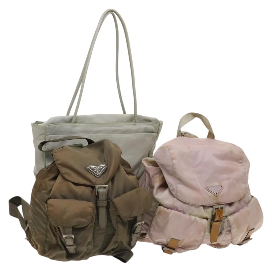 Authentic PRADA Nylon 3-Piece Shoulder Bag Set Brown Pink Light Blue: Authentic PRADA Nylon 3-Piece Shoulder Bag Set Brown Pink Light Blue This authentic PRADA shoulder bag set features a stylish combination of brown, pink, and light blue nylon. The set includes a guara