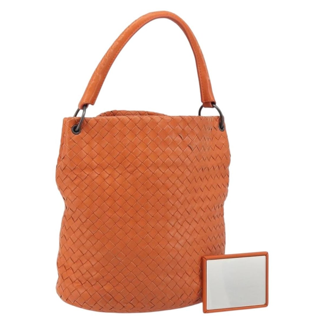 Bottega Veneta Intrecciato Orange Leather Handbag with Mirror: Bottega Veneta Intrecciato Orange Leather Handbag with Mirror Orange leather Intrecciato hand bag made in Italy. It includes a mirror accessory and has a handle drop of approximately 12 cm (4.7 inches
