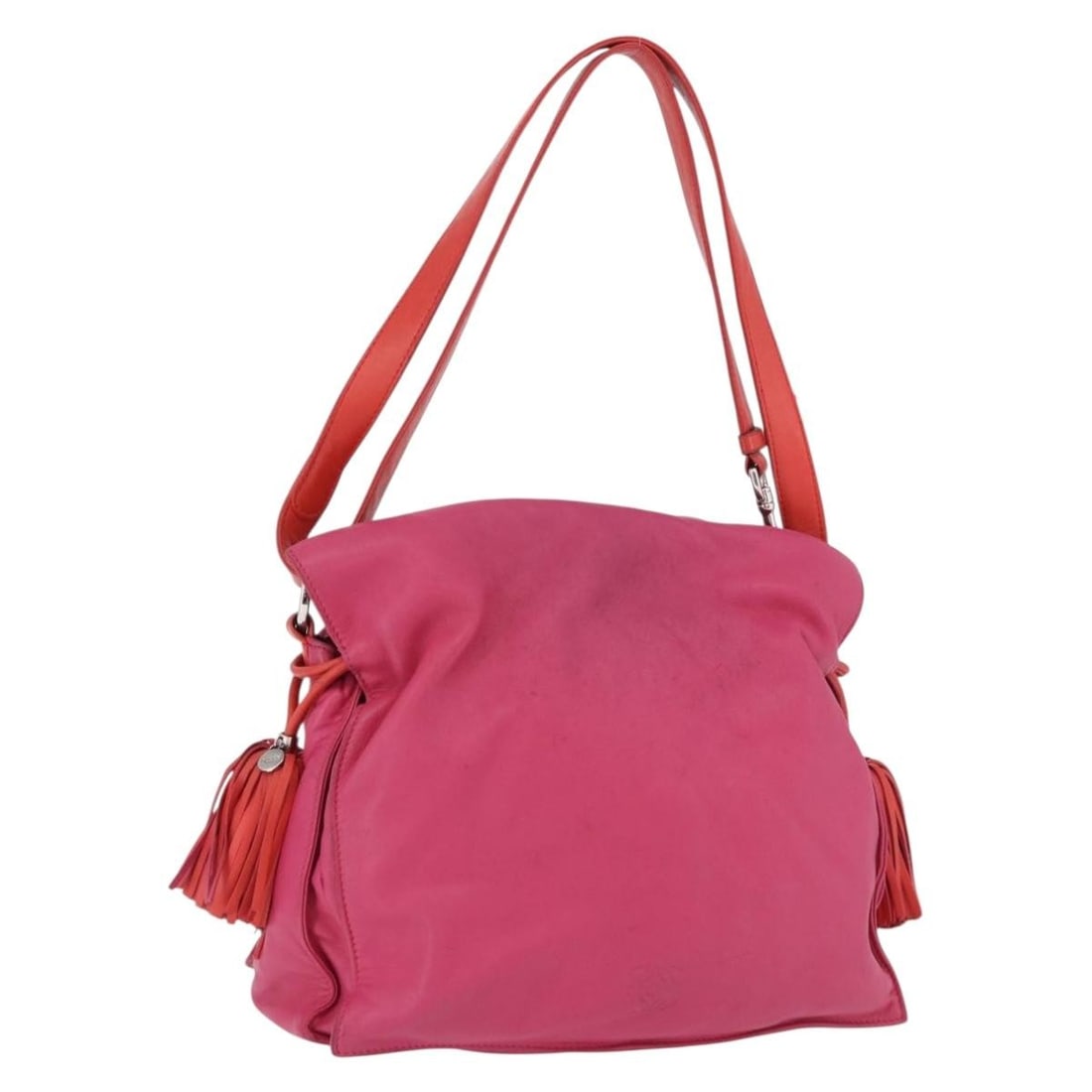 LOEWE Flamenco Pink Leather Shoulder Bag Silver Tone: LOEWE Flamenco Pink Leather Shoulder Bag Silver Tone LOEWE Flamenco shoulder bag in pink and silver leather, made in Spain. The bag measures approximately W28 x H26 x D10 cm, with a shoulder drop of a