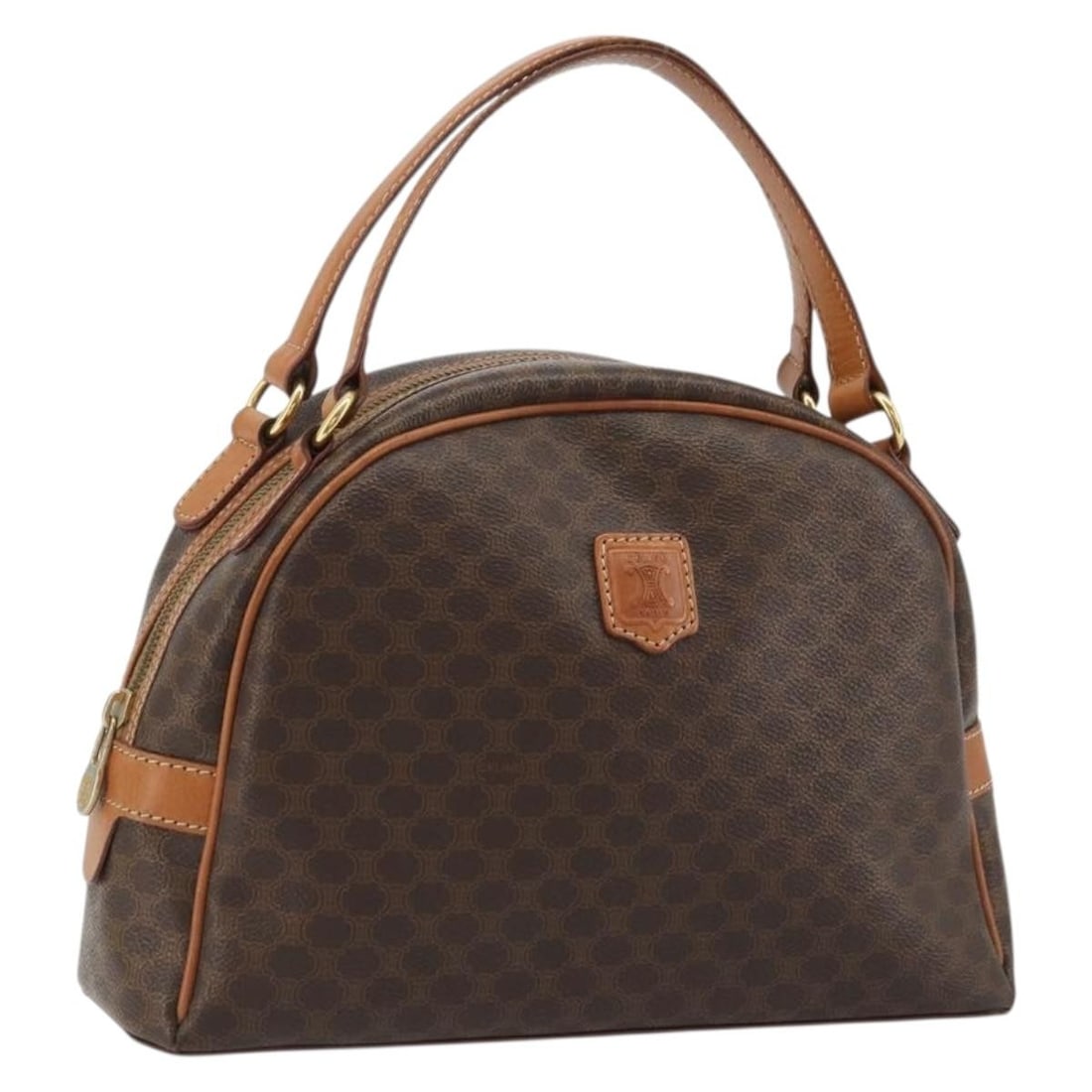 CELINE Macadam Brown PVC Leather Handbag Gold Tone Hardware: CELINE Macadam Brown PVC Leather Handbag Gold Tone Hardware A CELINE hand bag in brown and gold, made from PVC leather and Macadam canvas. It measures approximately W30 cm x H19 cm x D10 cm, with a ha